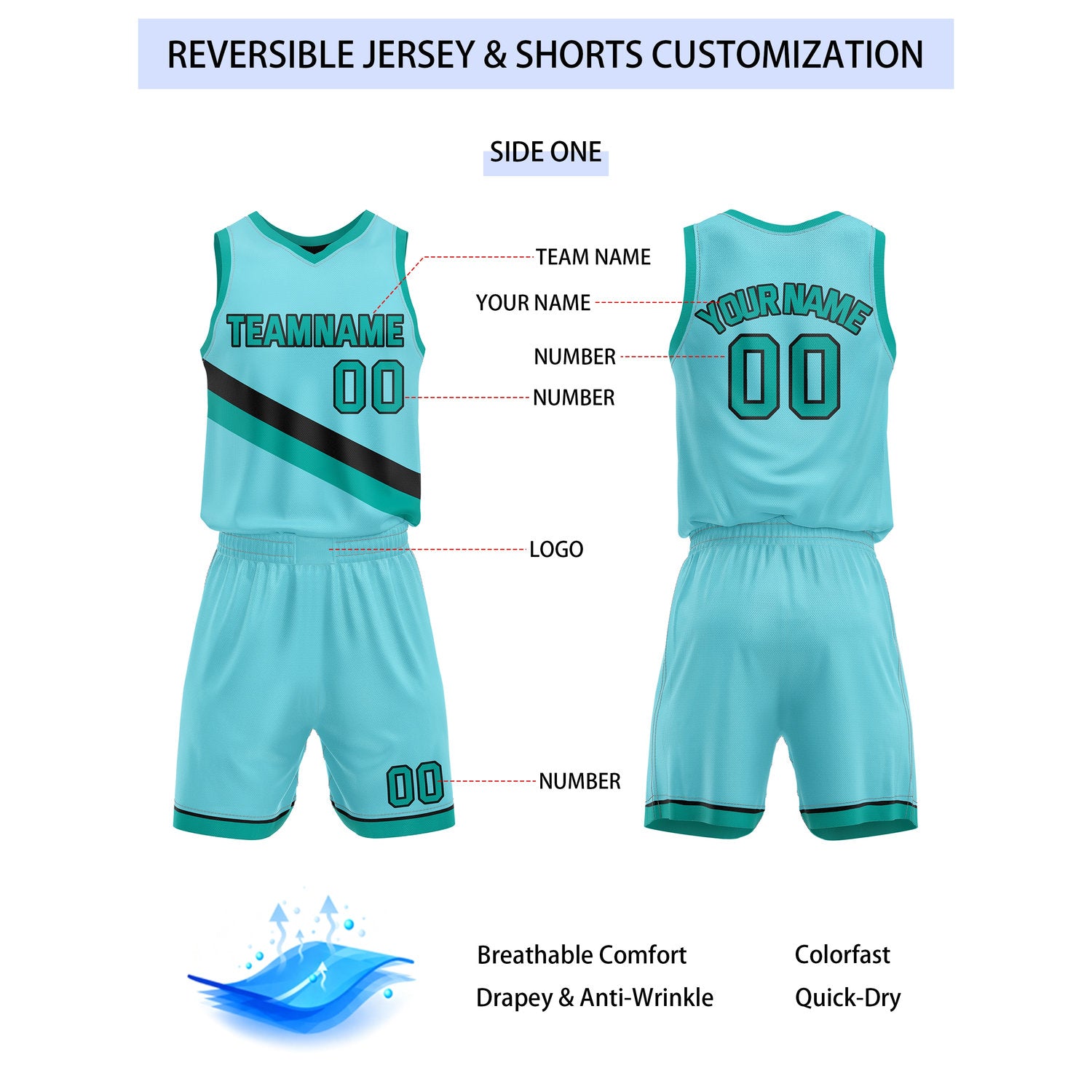 Custom Reversible Turquoise Black Basketball Uniform Set | Team & Player Name - Vosoli