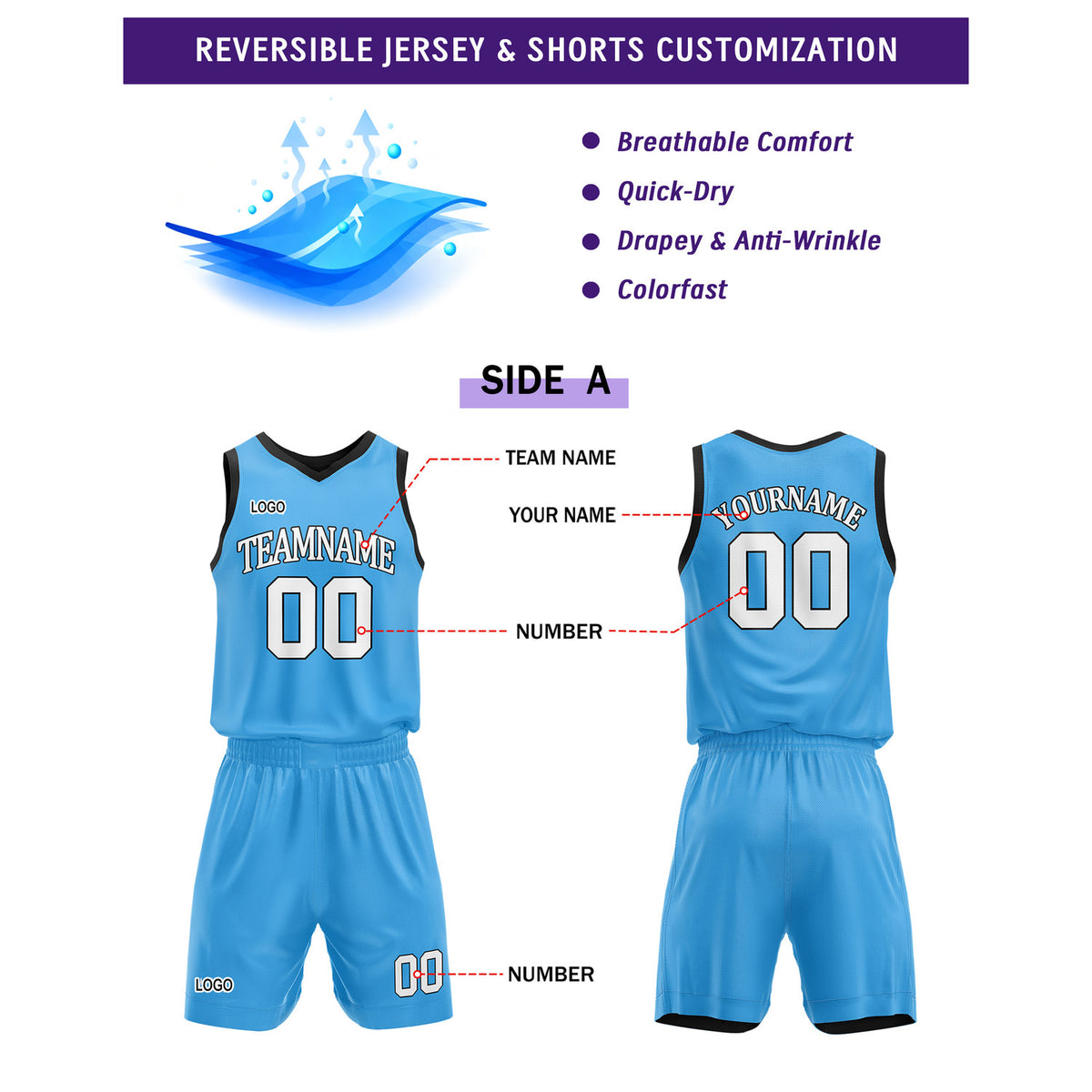 Custom Reversible Turquoise Black Basketball Uniform Set | Team Name & Number - Vosoli