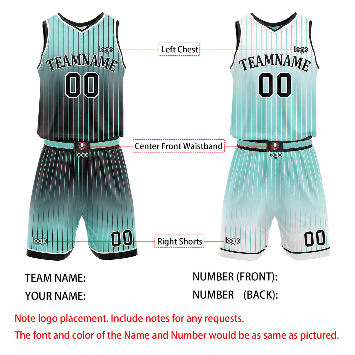Custom Reversible Turquoise Black White Gradient Striped Basketball Uniform Set | Team & Player Name - Vosoli