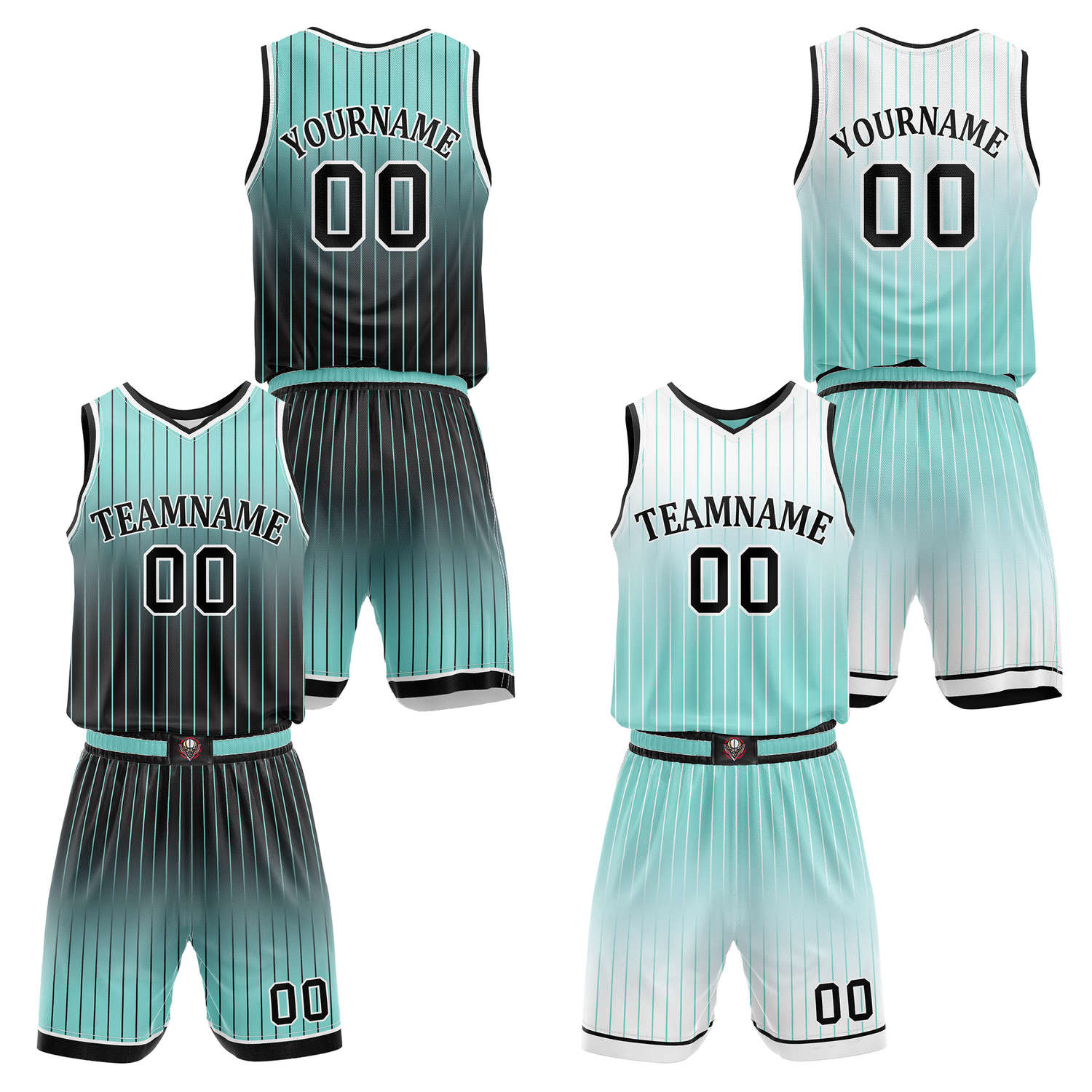 Custom Reversible Turquoise Black White Gradient Striped Basketball Uniform Set | Team & Player Name - Vosoli