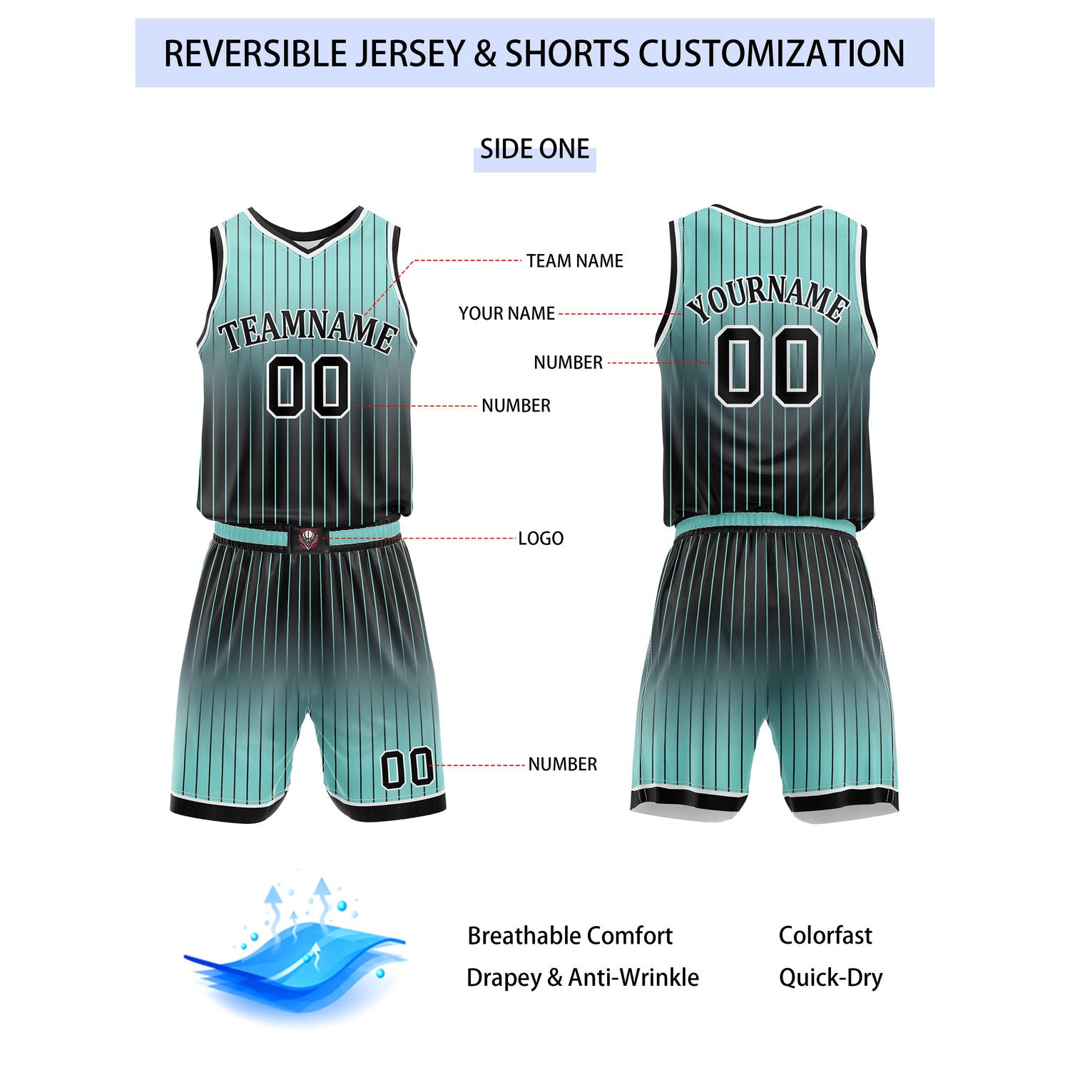 Custom Reversible Turquoise Black White Gradient Striped Basketball Uniform Set | Team & Player Name - Vosoli