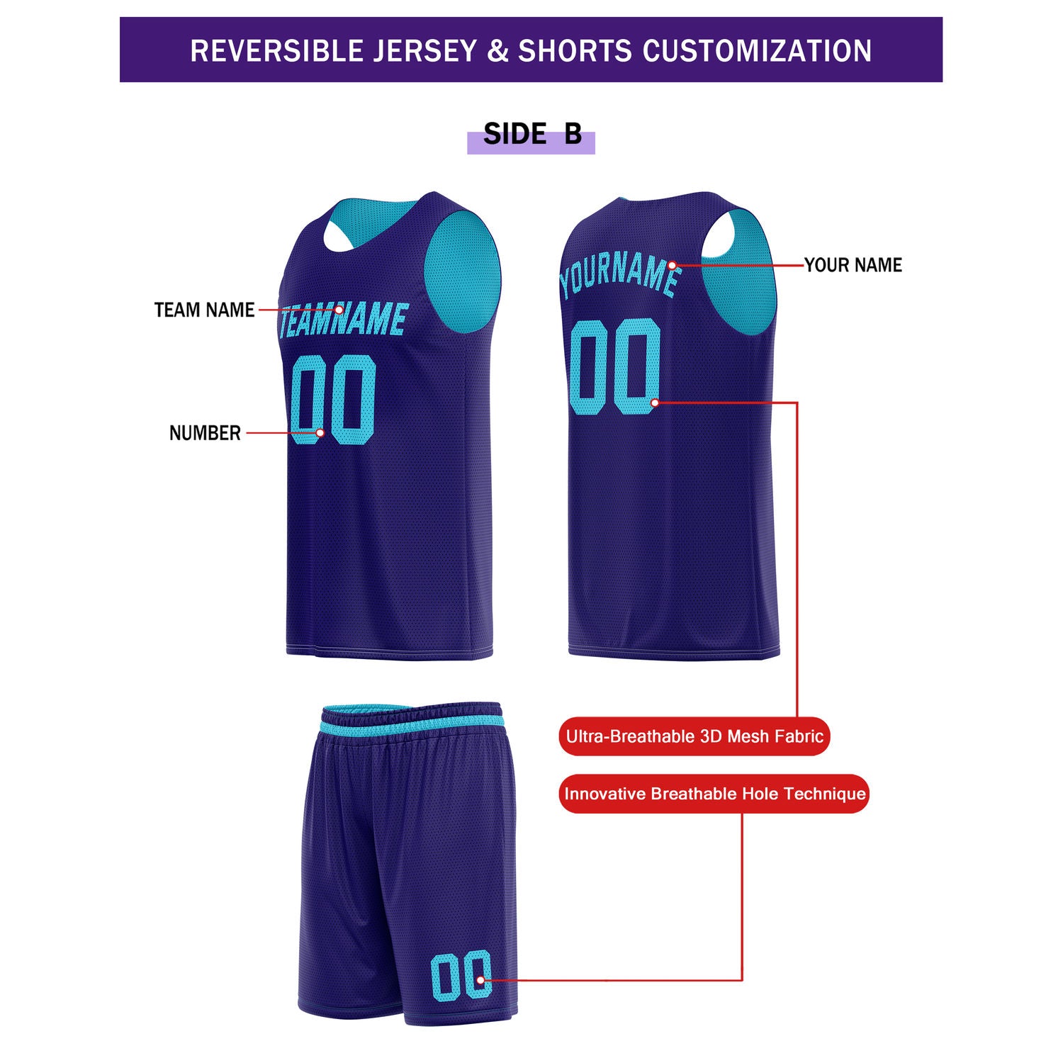 Custom Reversible Turquoise Navy Basketball Uniform Set | Team Name & Number - Vosoli