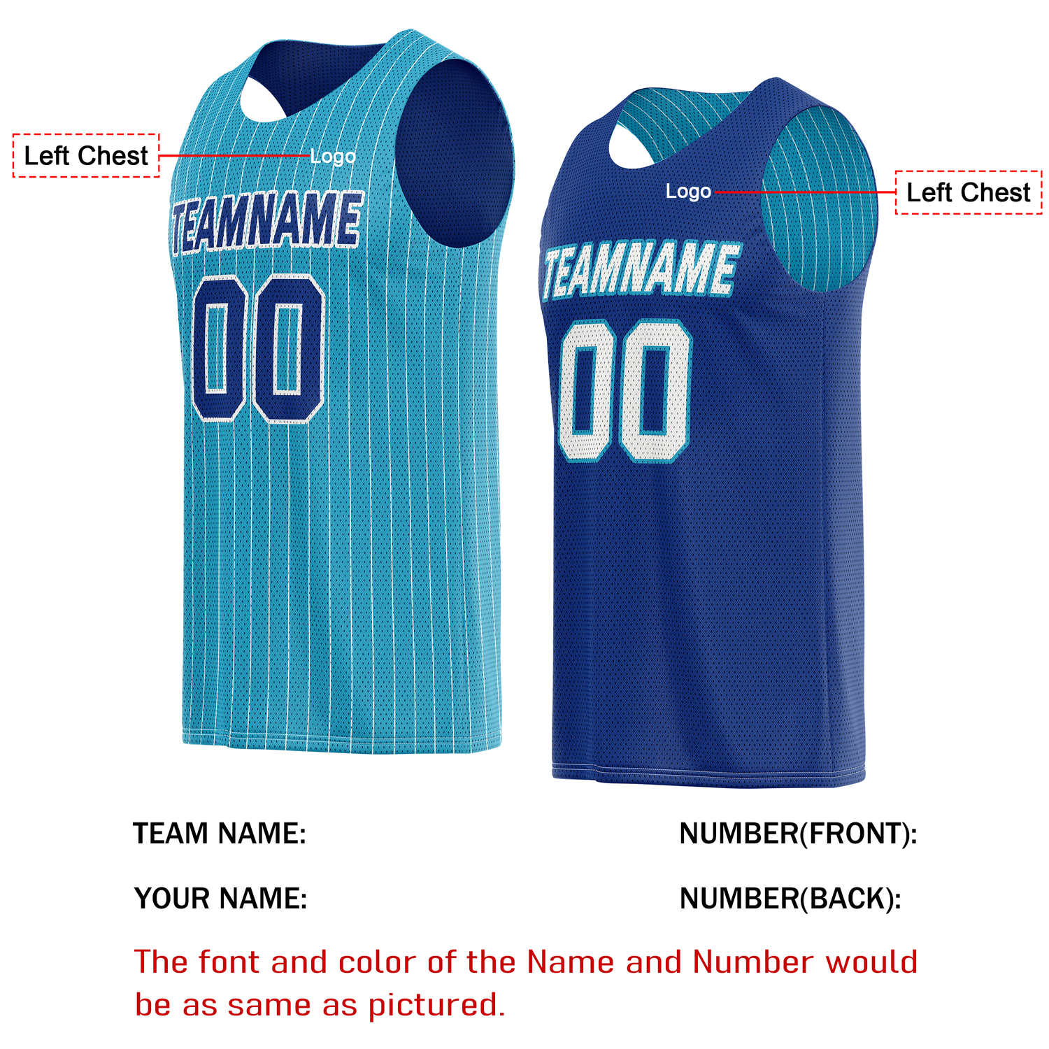 Custom Reversible Turquoise Bavy Pinstripe Basketball Jersey, Personalized Team Name Number Breathable Mesh Uniform for Men Women Youth