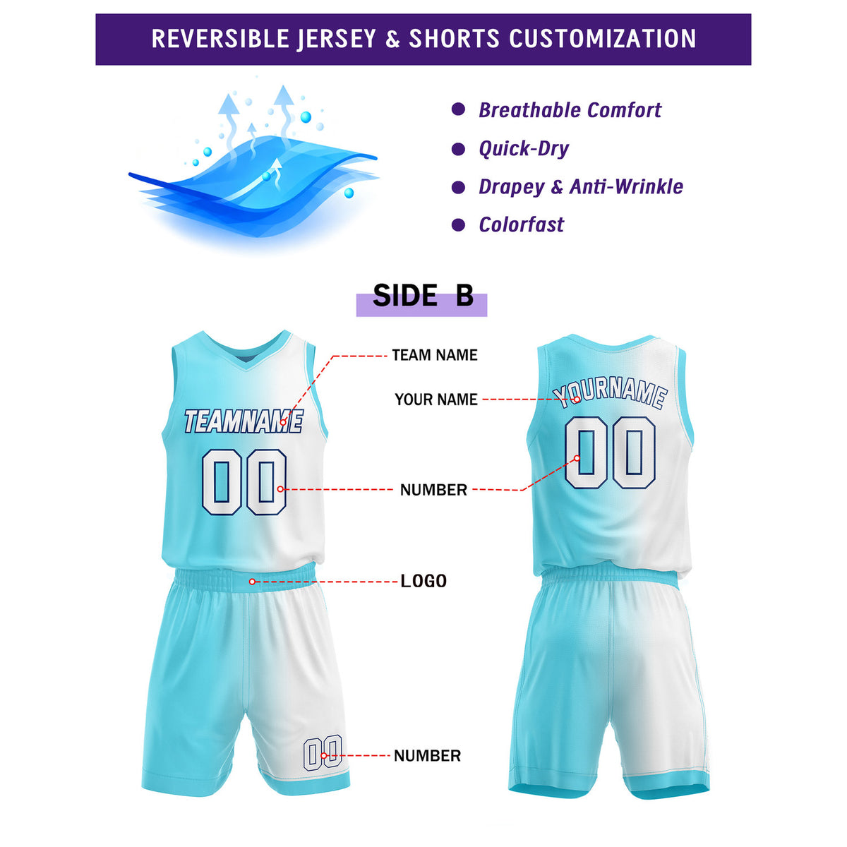 Custom Reversible Turquoise Navy White Basketball Uniform Set | Team & Player Name - Vosoli