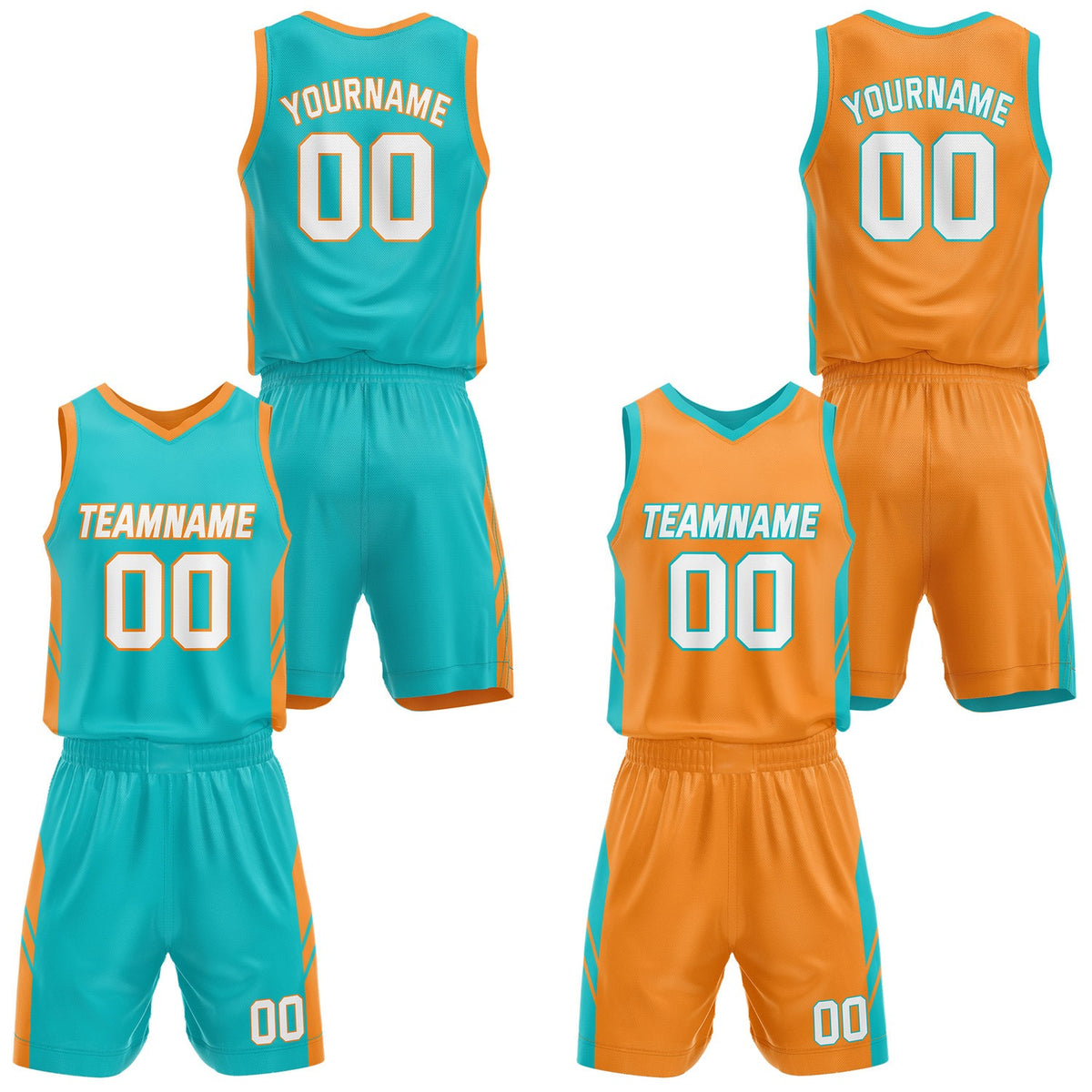  Custom Reversible Turquoise Orange Basketball Jersey and Shorts Set, Personalized Team Name Number Breathable Mesh Uniform for Men Women Youth