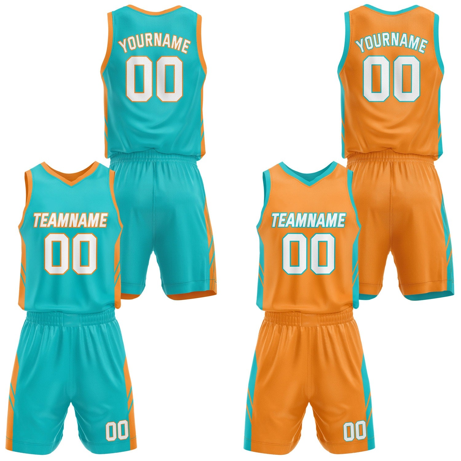  Custom Reversible Turquoise Orange Basketball Jersey and Shorts Set, Personalized Team Name Number Breathable Mesh Uniform for Men Women Youth
