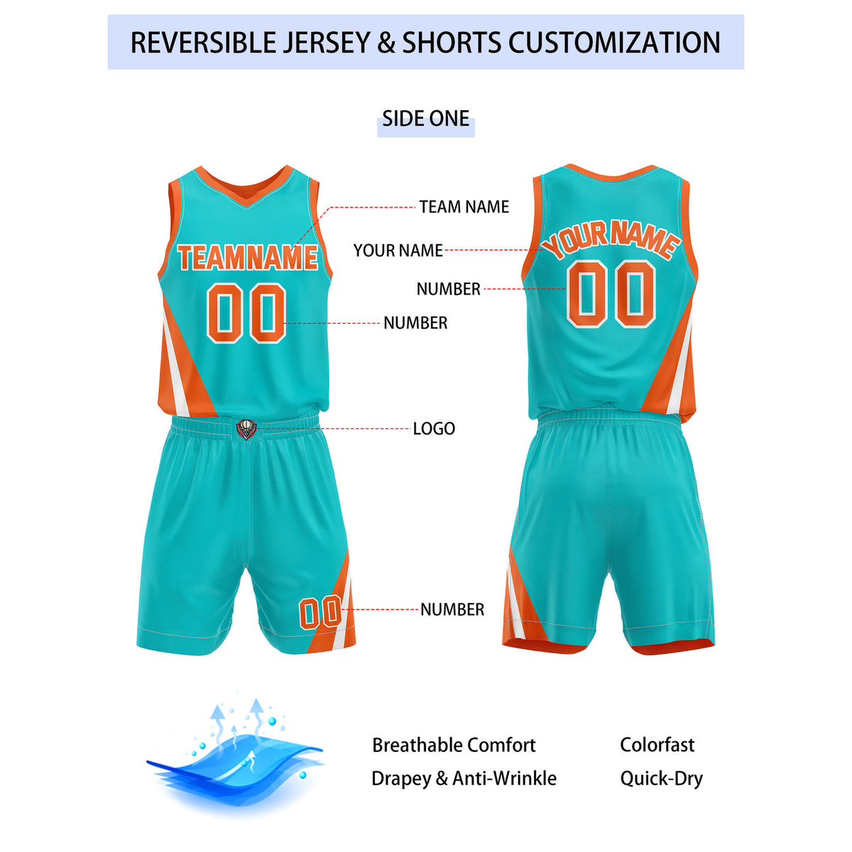 Custom Reversible Turquoise Orange Basketball Uniform Set | Team & Player Name - Vosoli