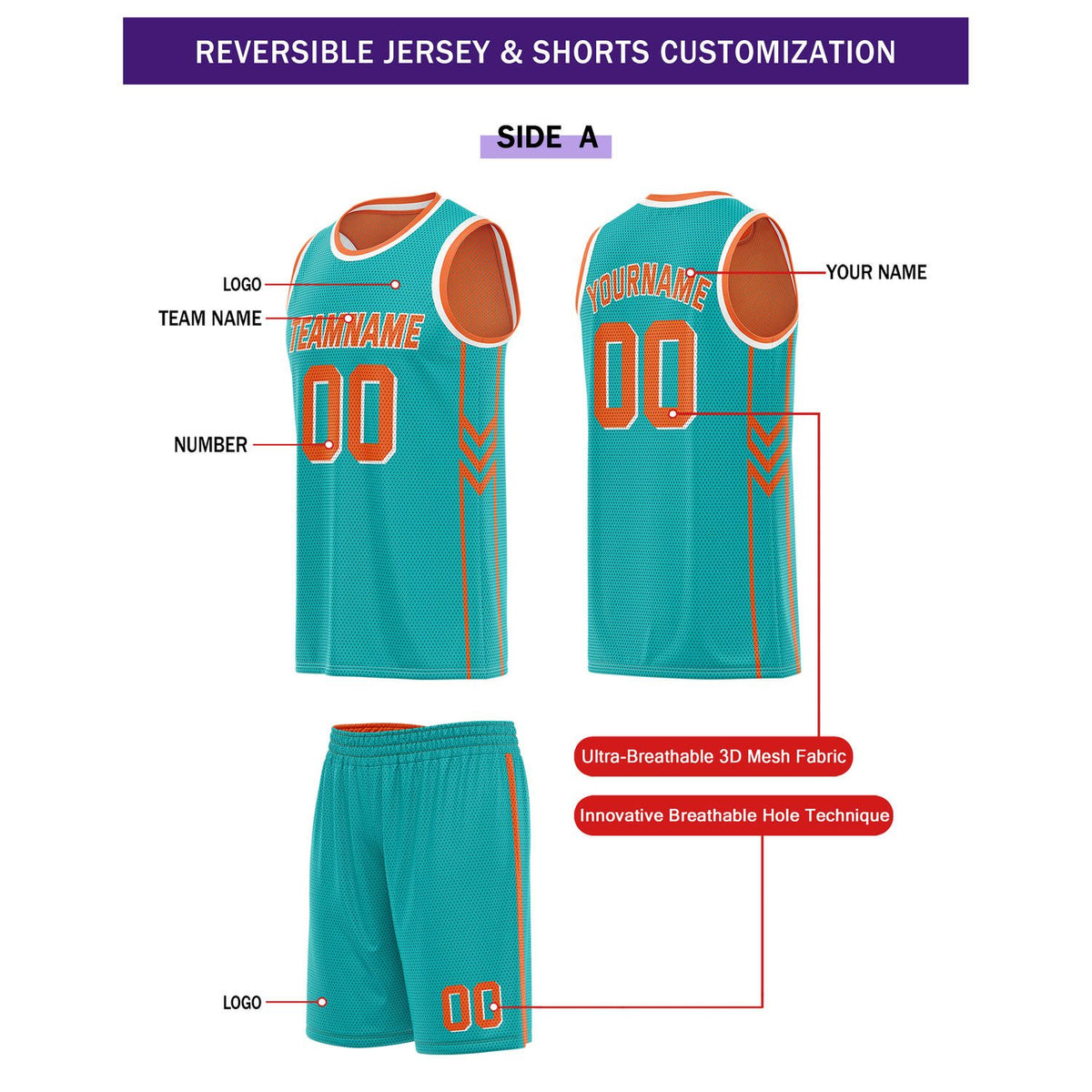 Custom Reversible Turquoise Orange Basketball Uniform Set | Team Name & Number - Vosoli