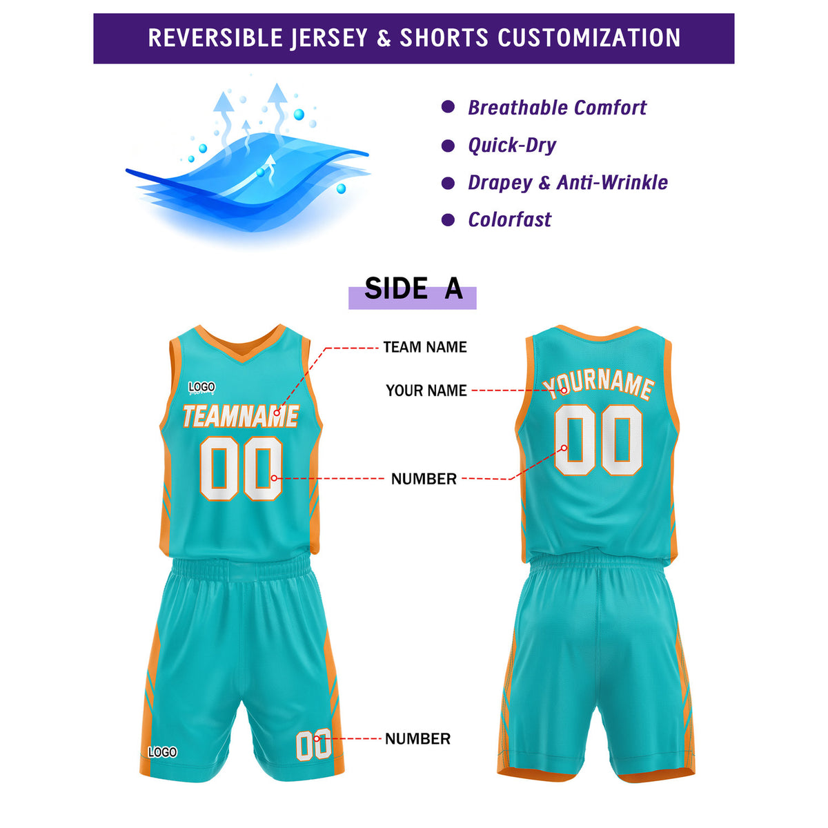 Custom Turquoise Orange Basketball Uniform for Youth & Adults - Reversible Jersey Set - Vosoli