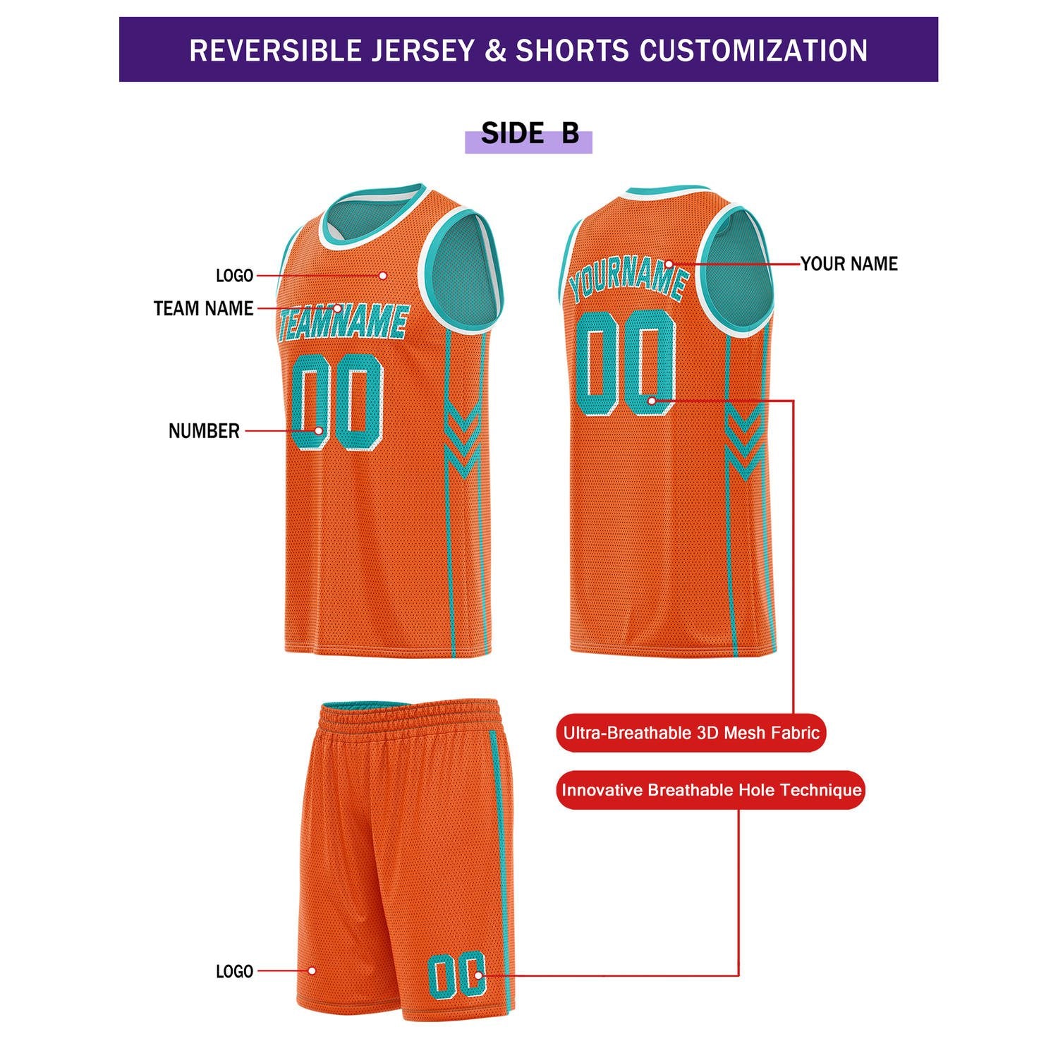 Custom Reversible Turquoise Orange Basketball Uniform Set | Team Name & Number - Vosoli