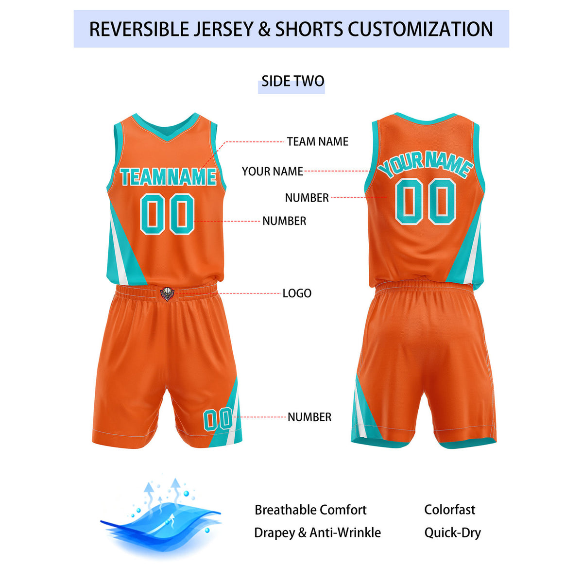 Custom Reversible Turquoise Orange Basketball Uniform Set | Team & Player Name - Vosoli