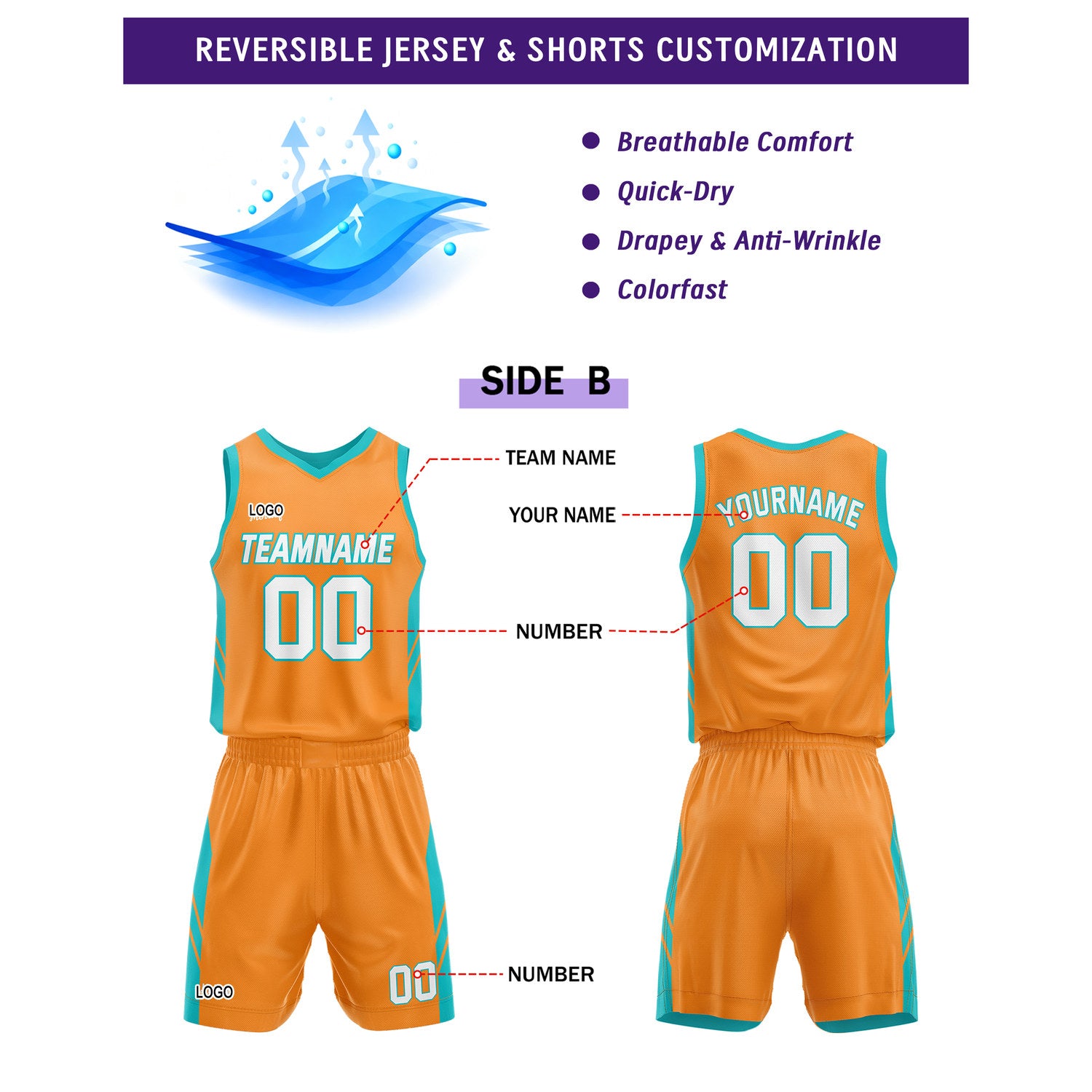 Custom Turquoise Orange Basketball Uniform for Youth & Adults - Reversible Jersey Set - Vosoli