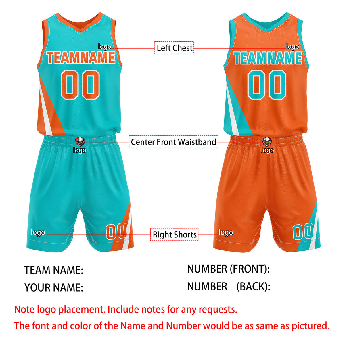 Custom Reversible Turquoise Orange Basketball Uniform Set | Team & Player Name - Vosoli