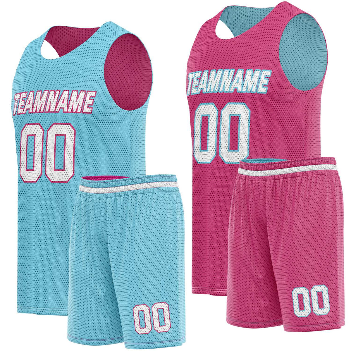  Custom Reversible Turquoise Pink Basketball Jersey Shorts Set, Personalized Team Name Number, Breathable Mesh Uniform for Men Women Youth