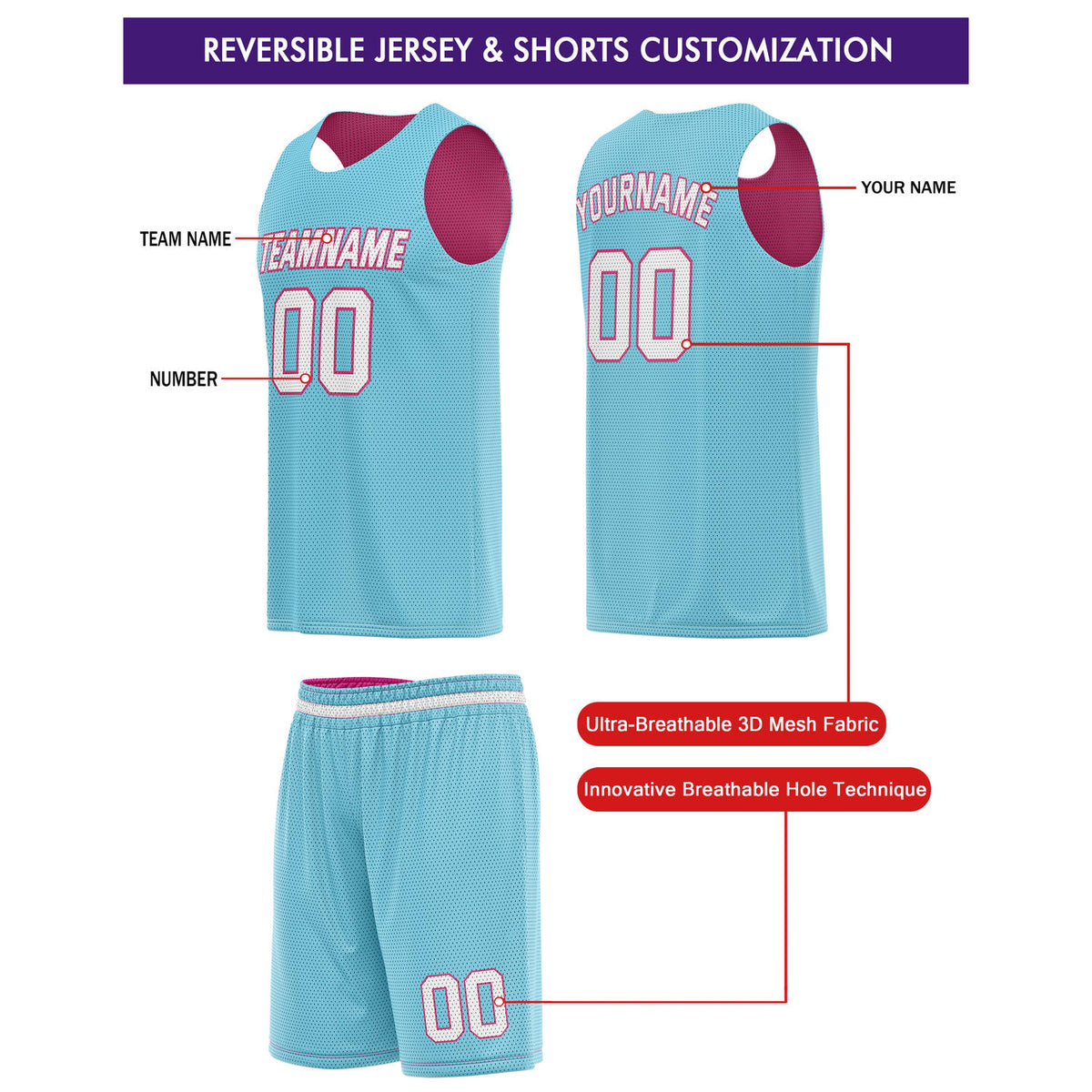 Custom Reversible Turquoise Pink Basketball Jersey & Shorts Set | Personalized Team Kit | Vosoli