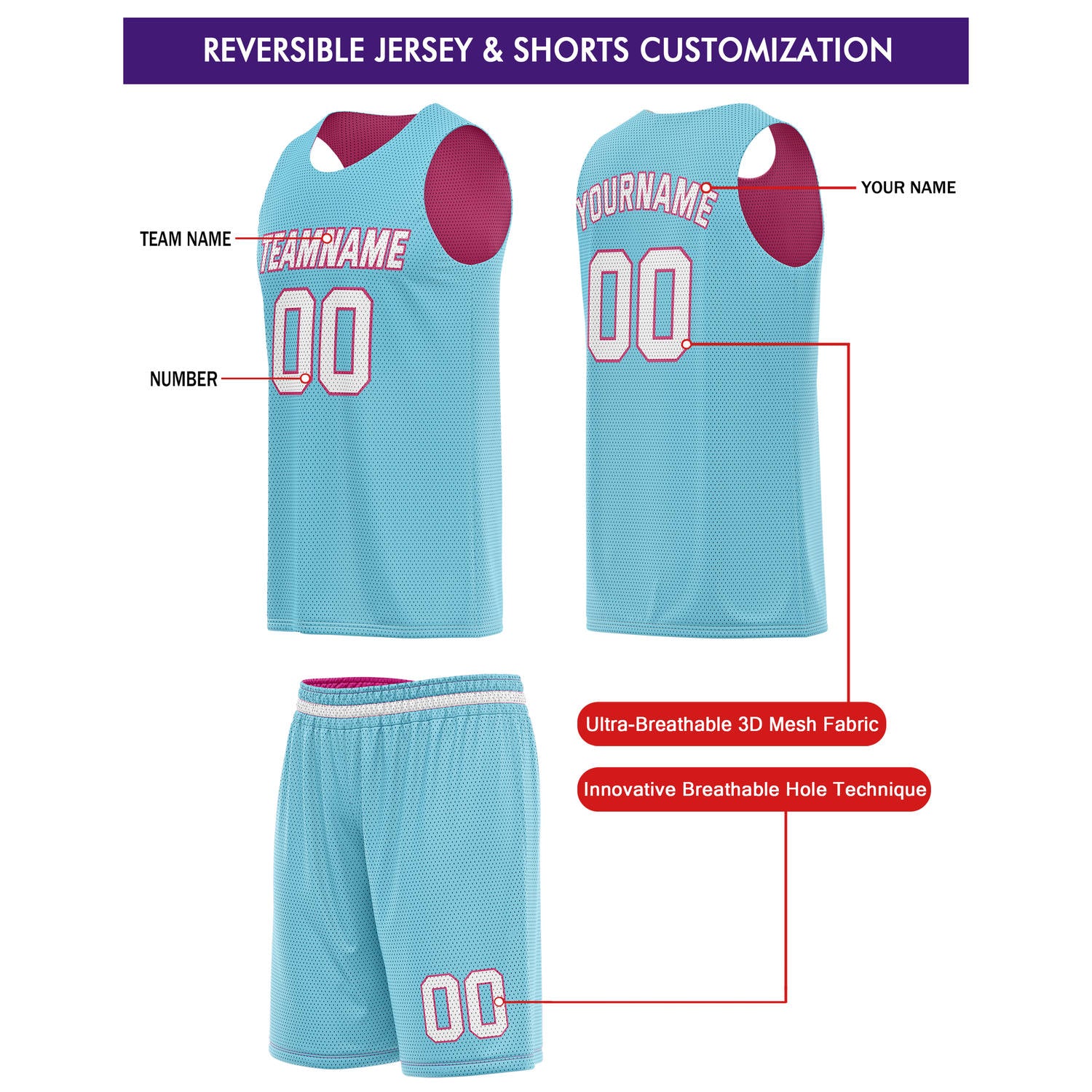  Custom Reversible Turquoise Pink Basketball Jersey Shorts Set, Personalized Team Name Number, Breathable Mesh Uniform for Men Women Youth