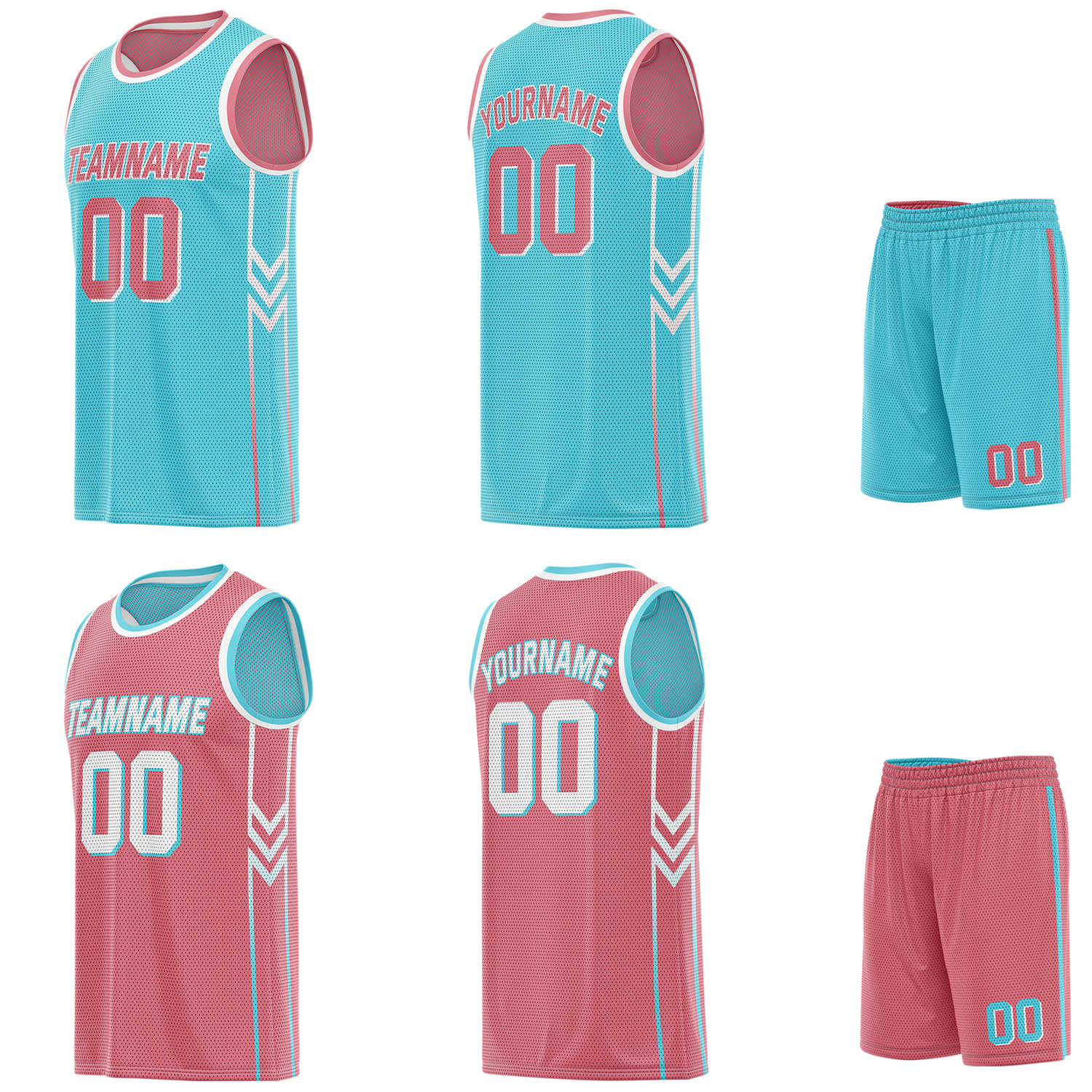Custom reversible turquoise & pink basketball uniform set, personalized with team name number and logo, breathable mesh fabric for men women youth game practice - Vosoli