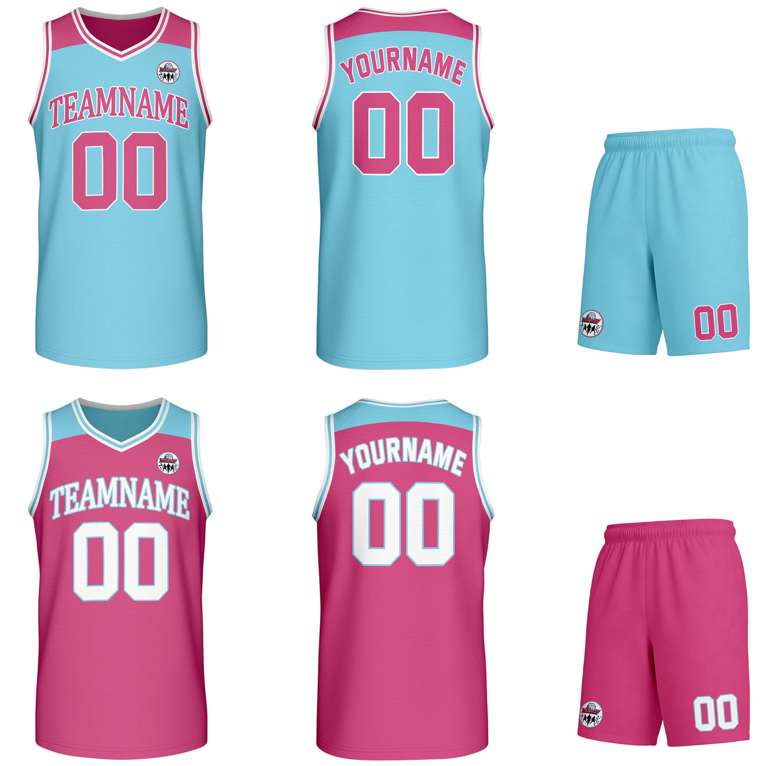 Custom reversible turquoise & pink basketball uniform set, personalized with team name number and logo, breathable mesh fabric for men women youth game practice - Vosoli