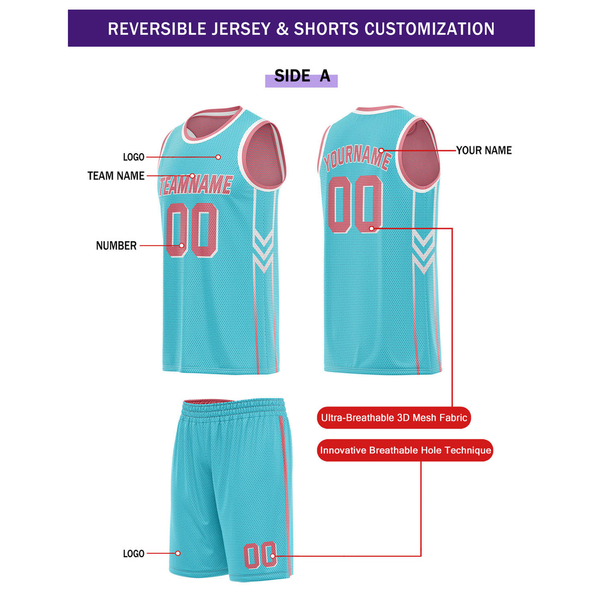 Custom Reversible Turquoise Pink Basketball Uniform Set | Team Name & Number - Vosoli
