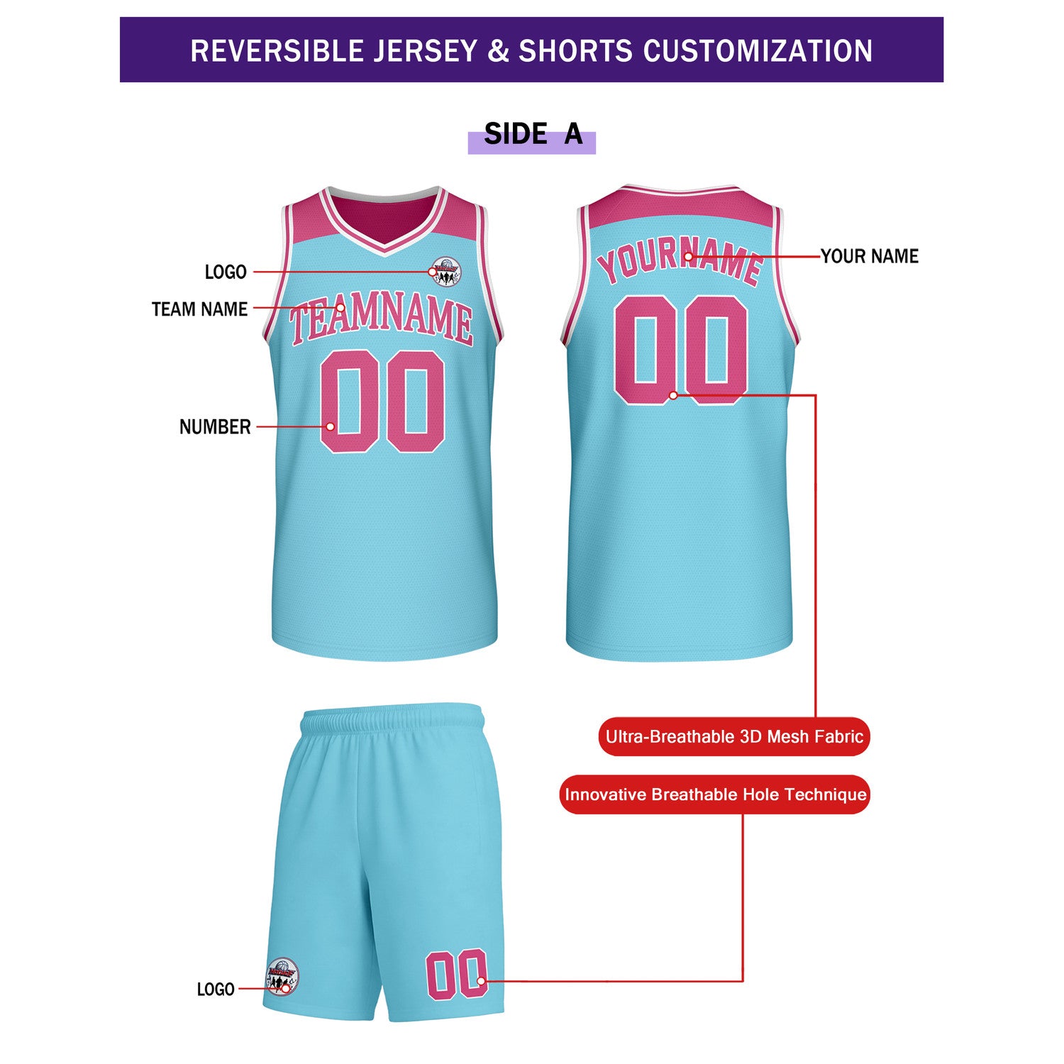 Custom reversible turquoise & pink basketball uniform set, personalized with team name number and logo, breathable mesh fabric for men women youth game practice - Vosoli