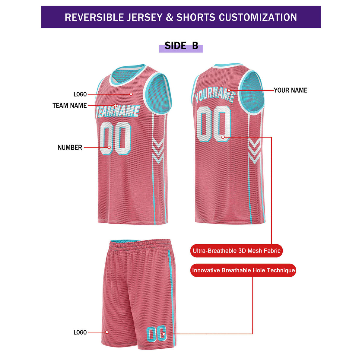 Custom Reversible Turquoise Pink Basketball Uniform Set | Team Name & Number - Vosoli