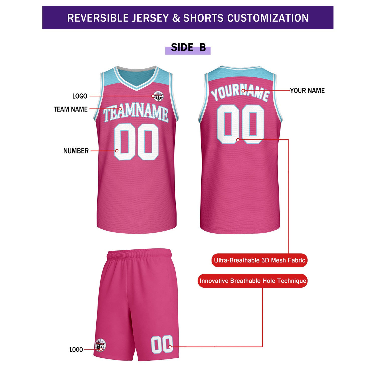 Custom Reversible Turquoise Pink Basketball Uniform Set | Team Name & Number - Vosoli