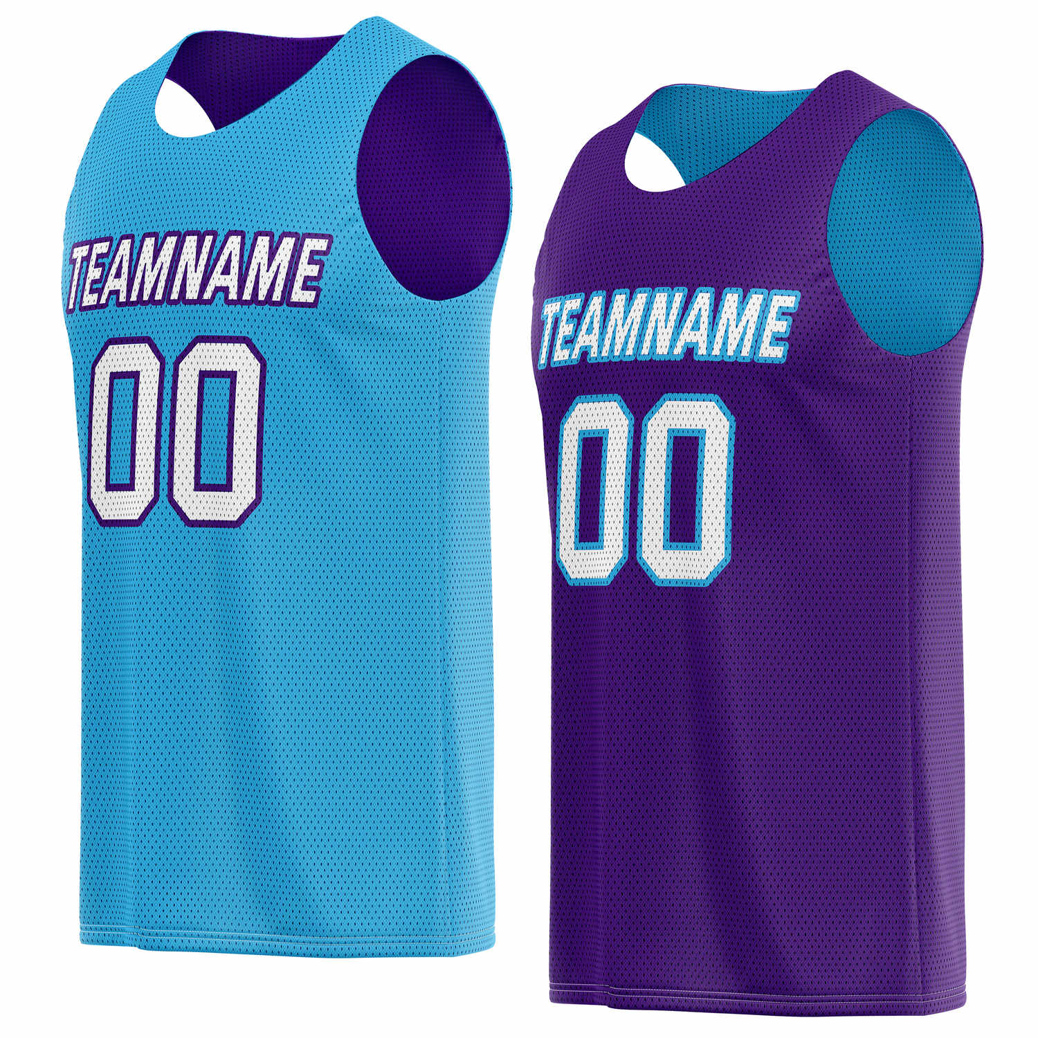 Custom reversible turquoise & purple basketball jersey, personalized team name number logo breathable mesh sports top for men women youth game practice wear - Vosoli