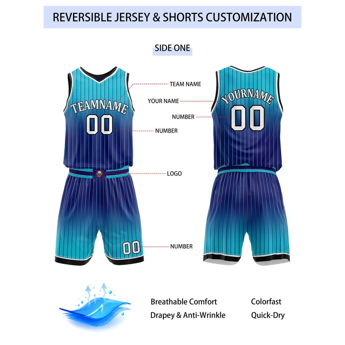 Custom Reversible Turquoise Purple Gradient Striped Basketball Uniform Set | Team & Player Name - Vosoli