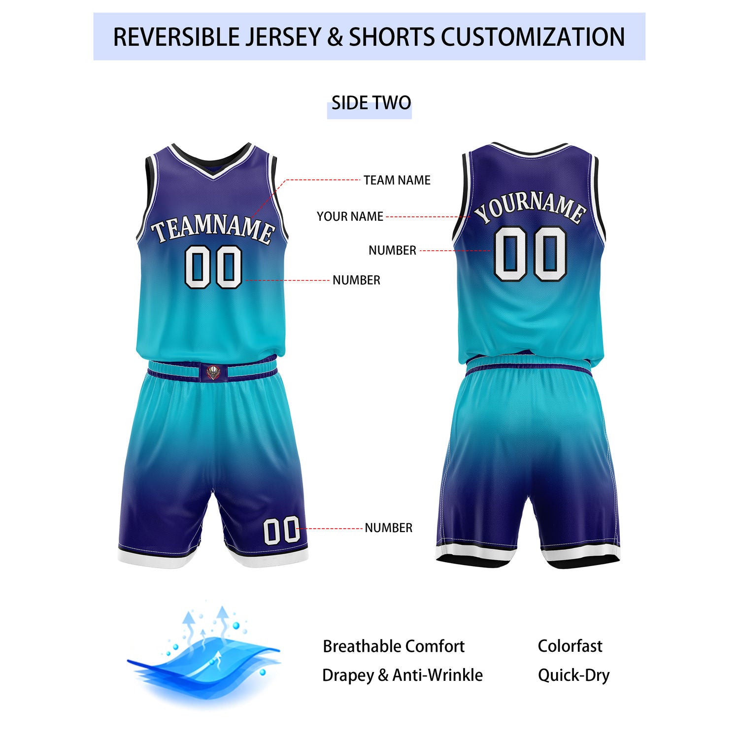 Custom Reversible Turquoise Purple Gradient Striped Basketball Uniform Set | Team & Player Name - Vosoli