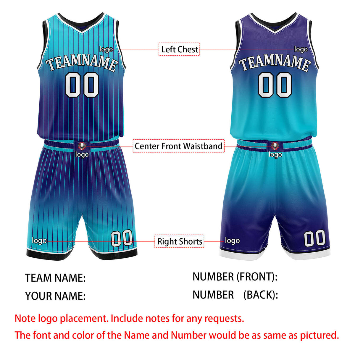 Custom Reversible Turquoise Purple Gradient Striped Basketball Uniform Set | Team & Player Name - Vosoli