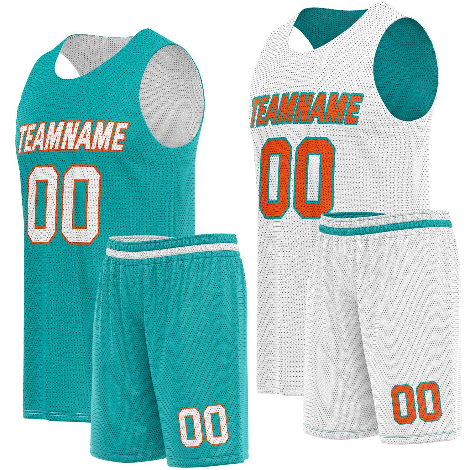  Custom Reversible Turquoise  White Basketball Jersey Shorts Set, Personalized Team Name Number Breathable Mesh Uniform for Men Women Youth