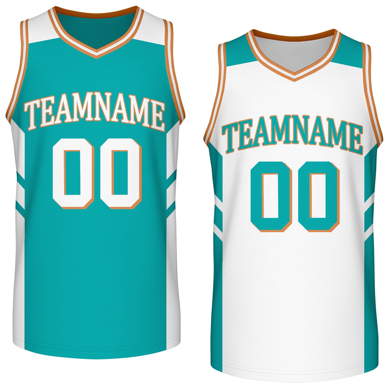 Custom reversible turquoise white basketball jersey, personalized team name number logo breathable mesh sports top for men women youth game practice wear - Vosoli