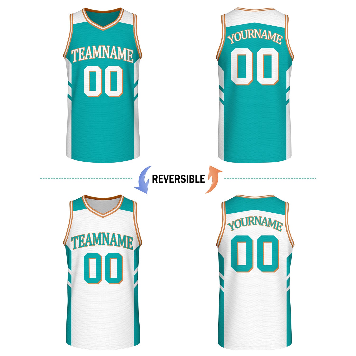 Custom reversible turquoise white basketball jersey, personalized team name number logo breathable mesh sports top for men women youth game practice wear - Vosoli