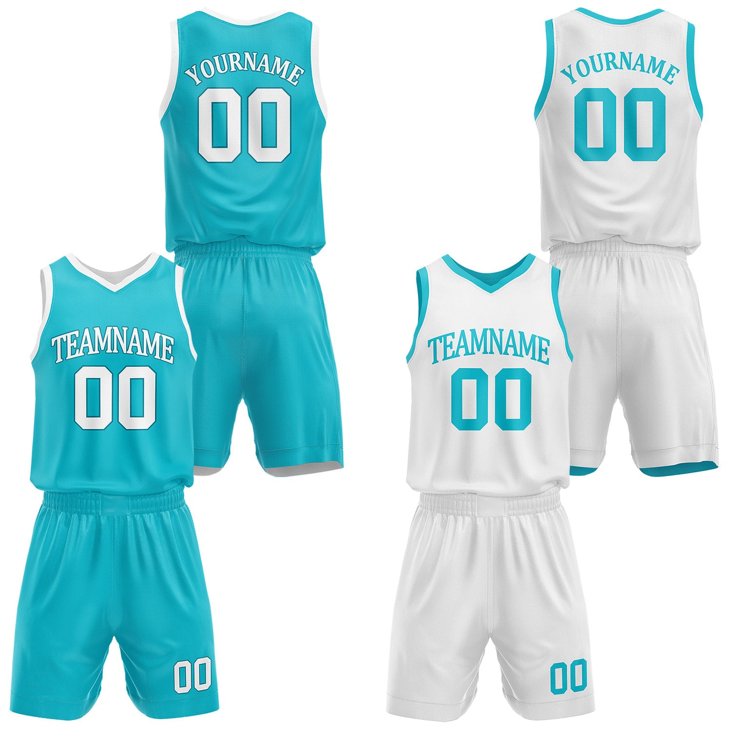 Custom reversible turquoise & white basketball uniform set, personalized with team name number and logo, sports jersey and shorts for men women youth game practice - Vosoli