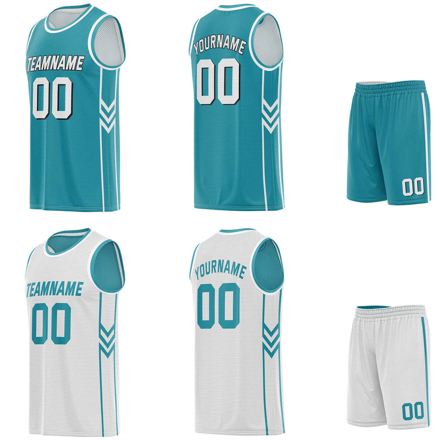 Custom reversible turquoise & white basketball uniform set, personalized with team name number and logo, breathable mesh fabric for men women youth game practice - Vosoli