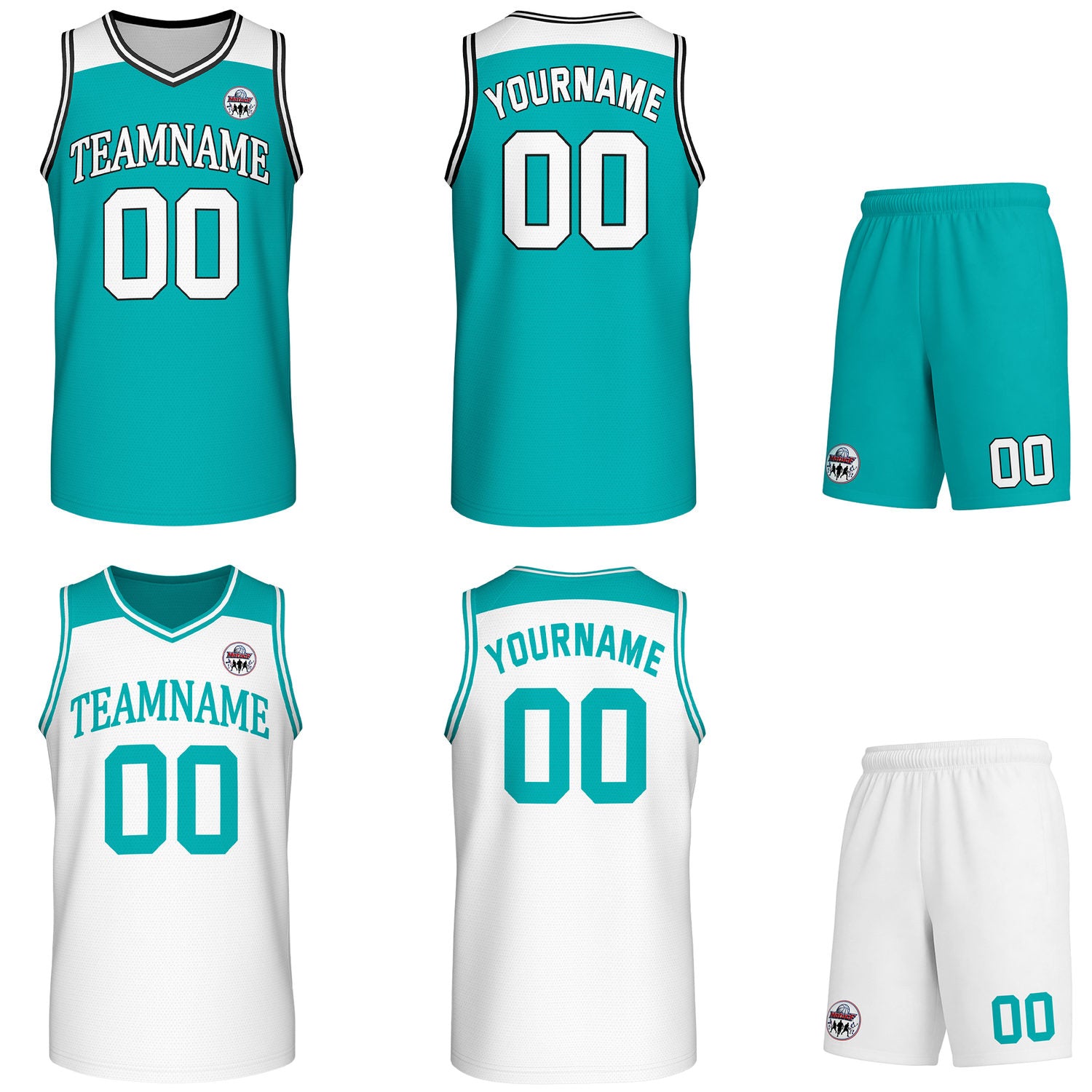 Custom reversible turquoise & white basketball uniform set, personalized with team name number and logo, breathable mesh fabric for men women youth game practice - Vosoli