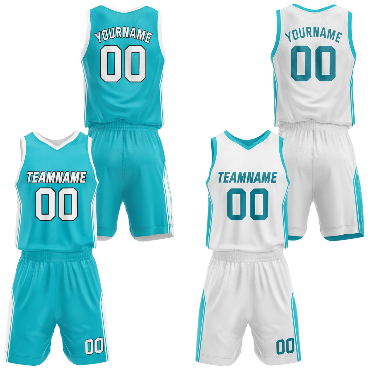 Custom Reversible Turquoise White Basketball Jersey and Shorts Set, Personalized Team Name Number Breathable Mesh Uniform for Men Women Youth