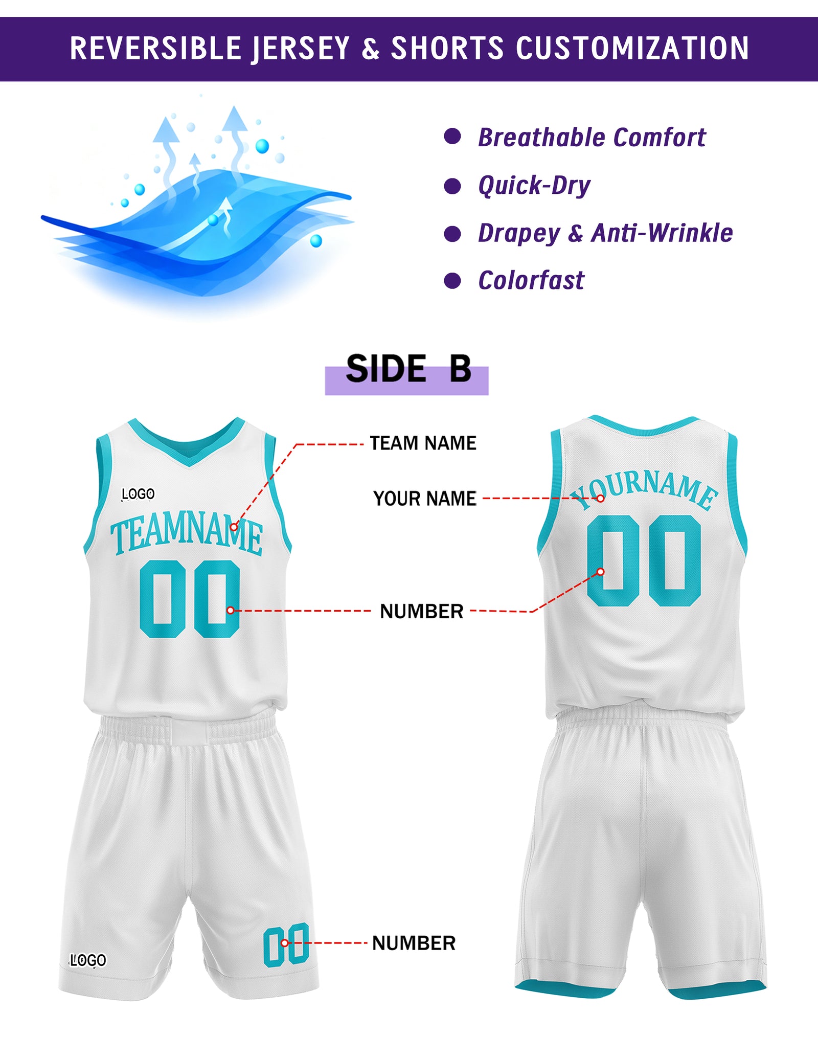 Custom reversible turquoise & white basketball uniform set, personalized with team name number and logo, sports jersey and shorts for men women youth game practice - Vosoli