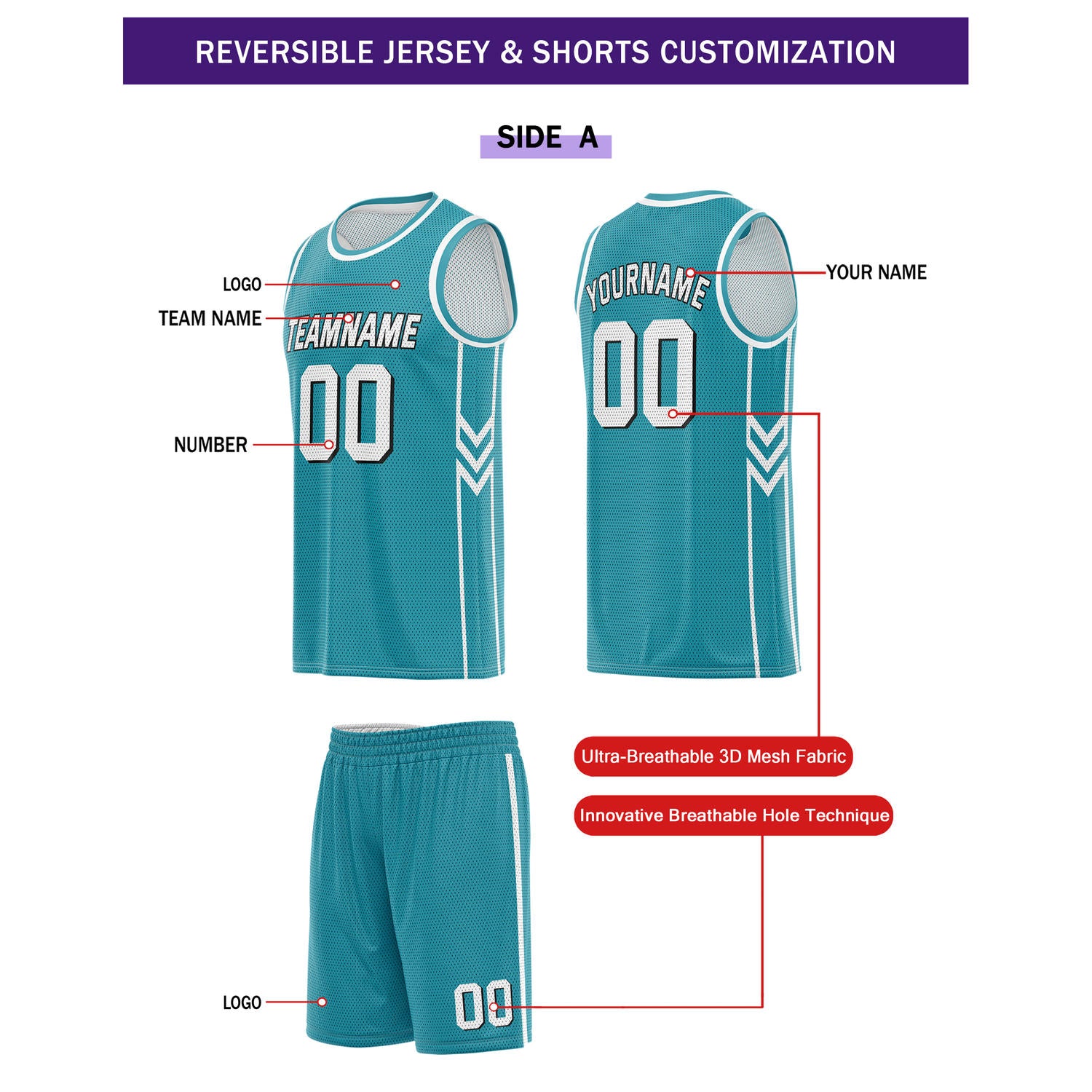 Custom reversible turquoise & white basketball uniform set, personalized with team name number and logo, breathable mesh fabric for men women youth game practice - Vosoli