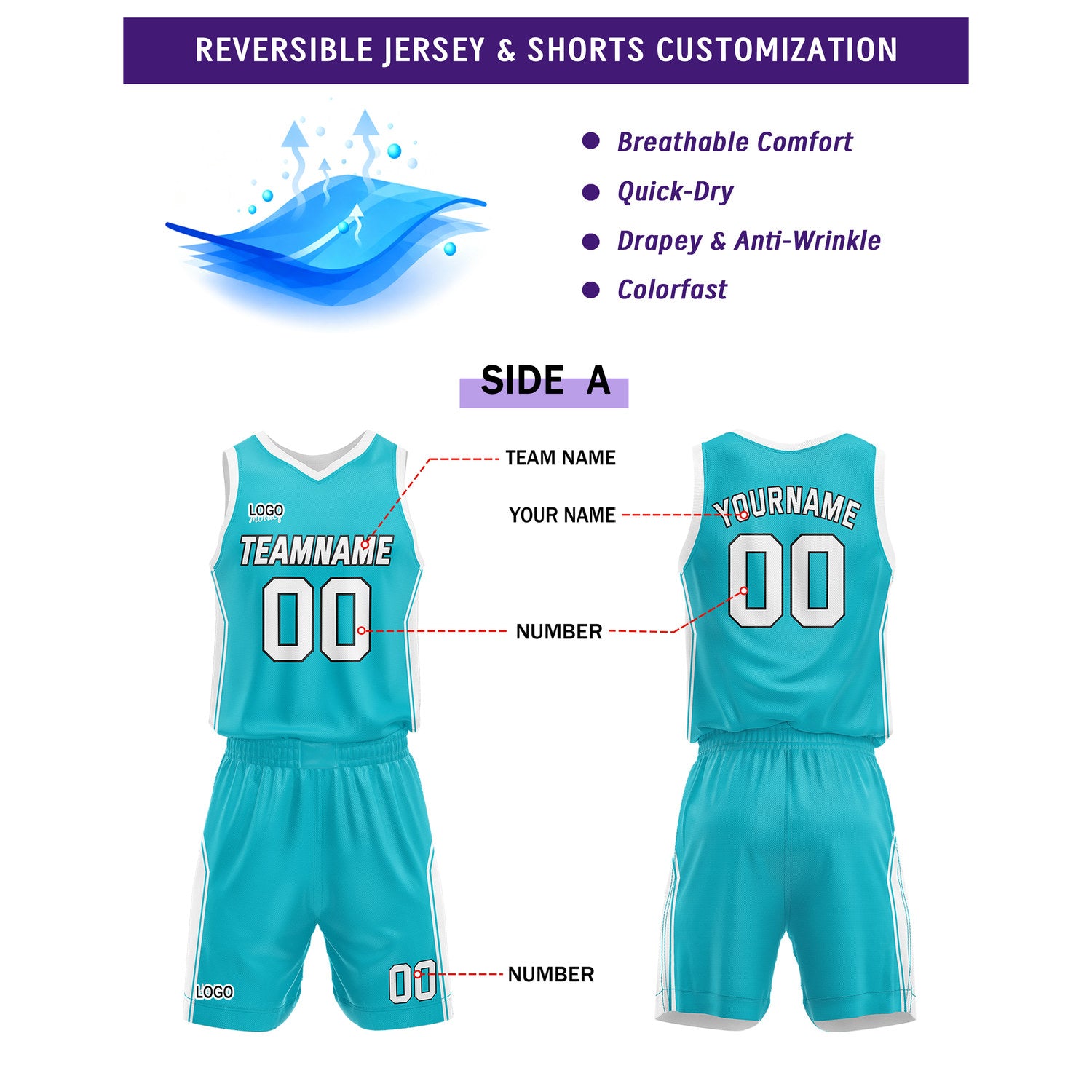 Custom Reversible Turquoise White Basketball Jersey and Shorts Set, Personalized Team Name Number Breathable Mesh Uniform for Men Women Youth