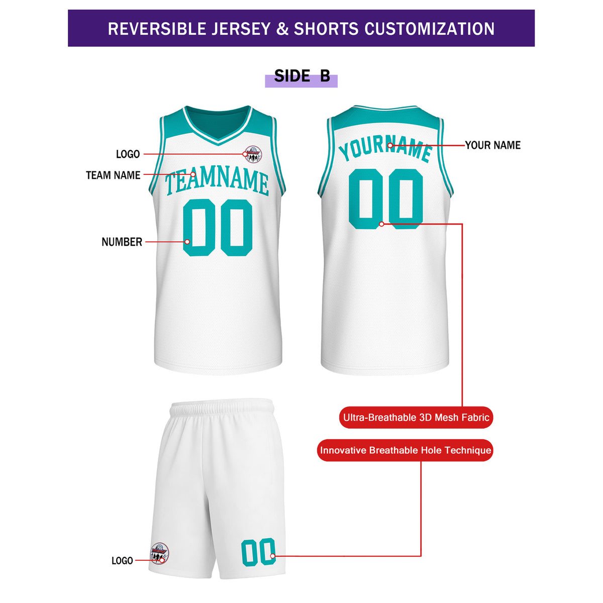 Custom Reversible Turquoise White Basketball Uniform Set | Team Name & Number - Vosoli