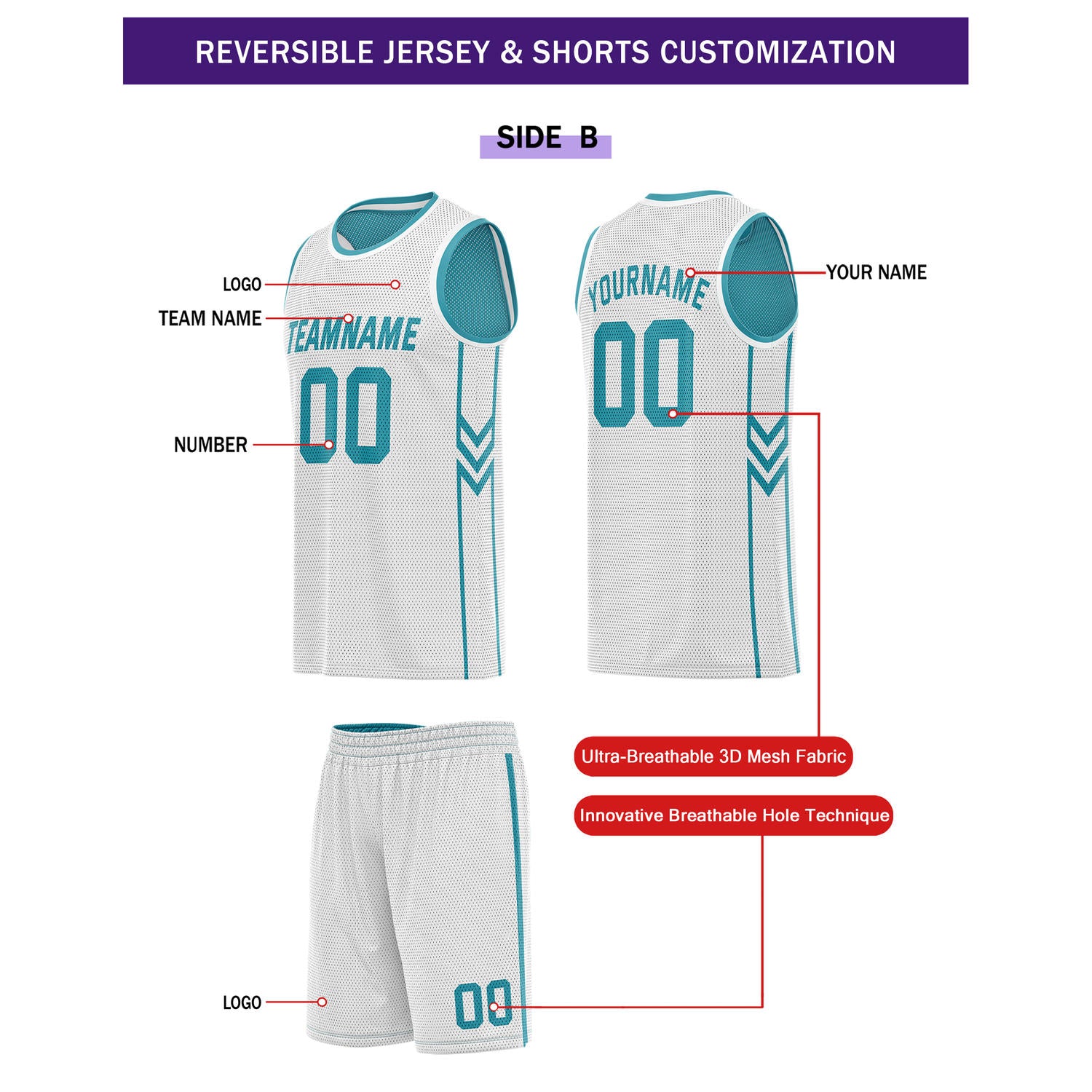 Custom Reversible Turquoise White Basketball Uniform Set | Team Name & Number - Vosoli