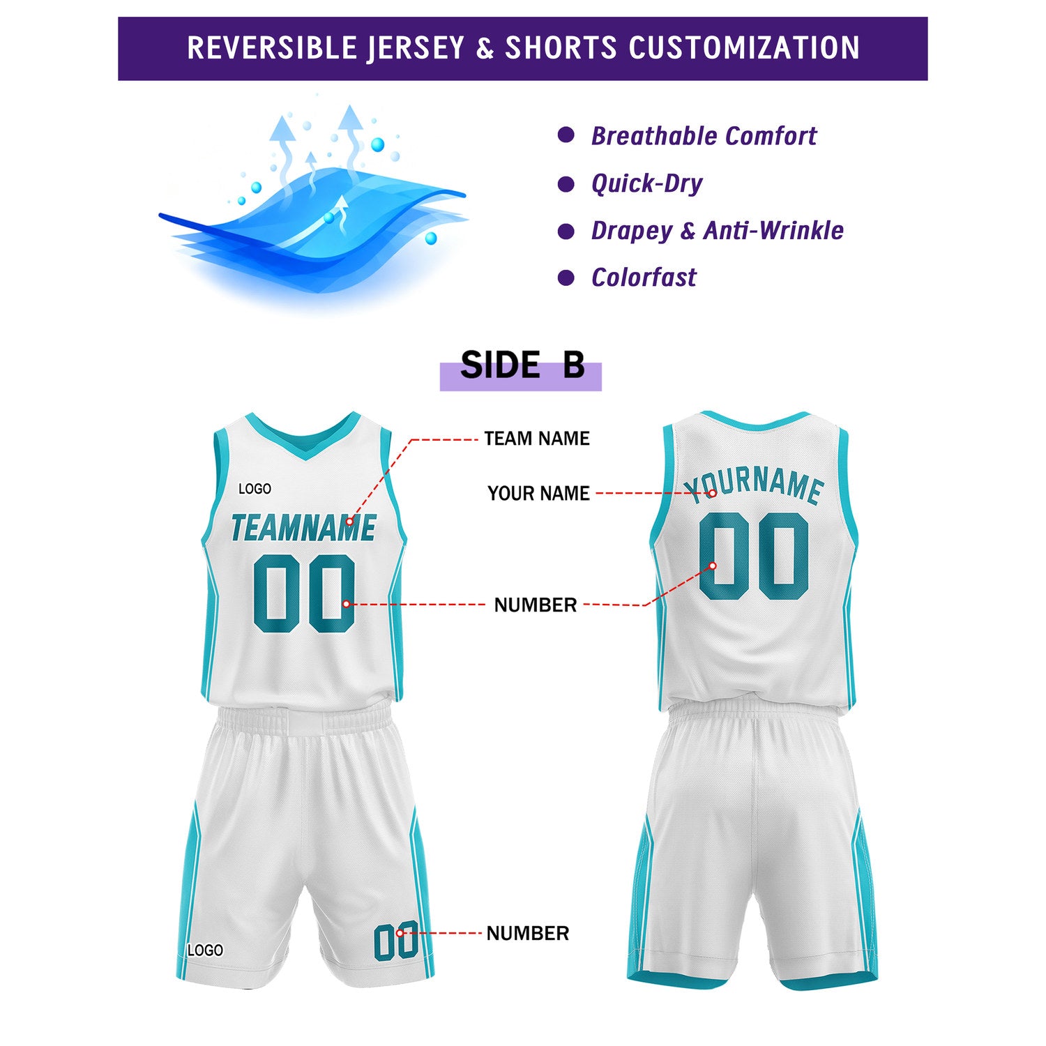 Custom Reversible Turquoise White Basketball Uniform Set | Personalized Name & Number - Vosoli