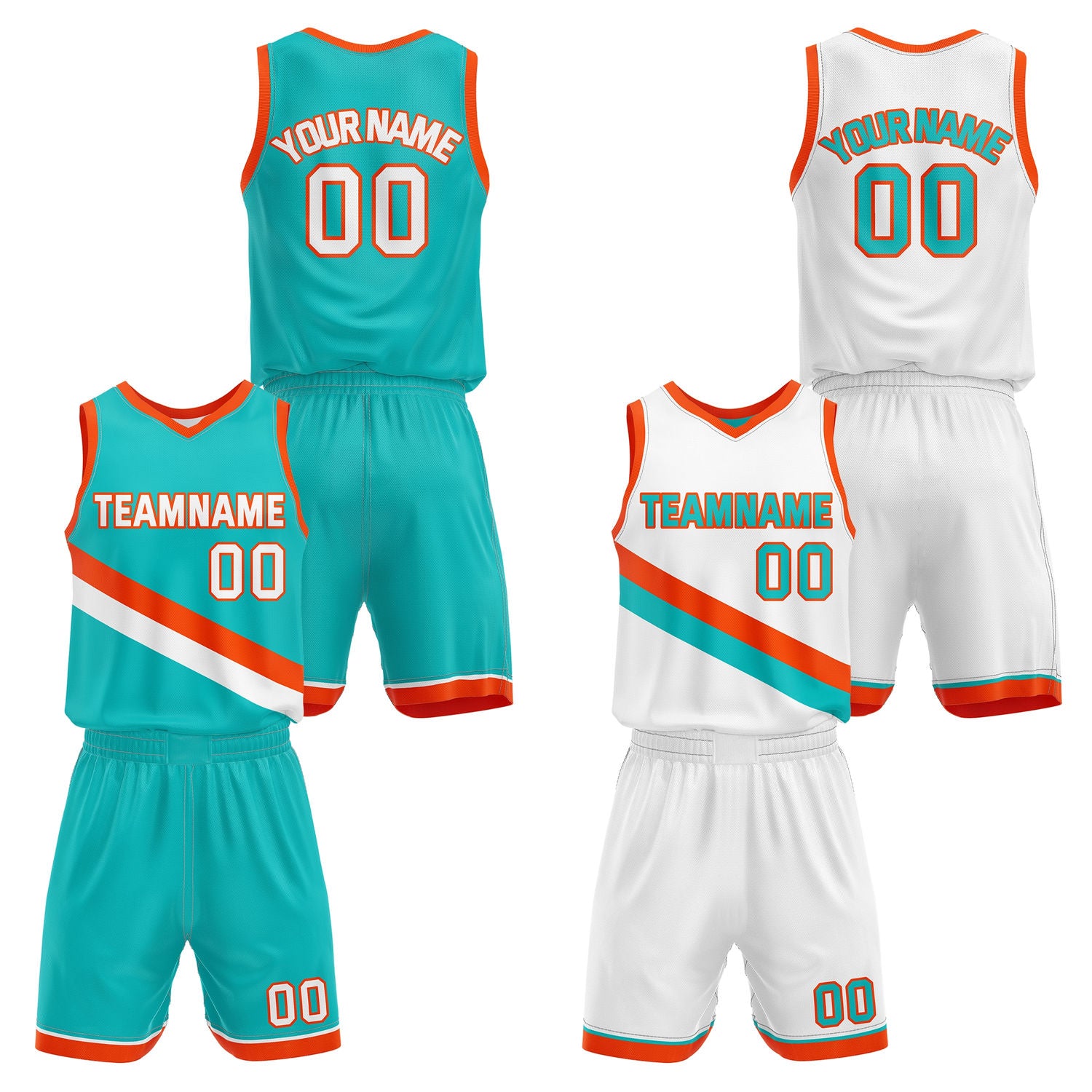 Custom Reversible Turquoise White Orange Basketball Uniform Set | Team & Player Name - Vosoli