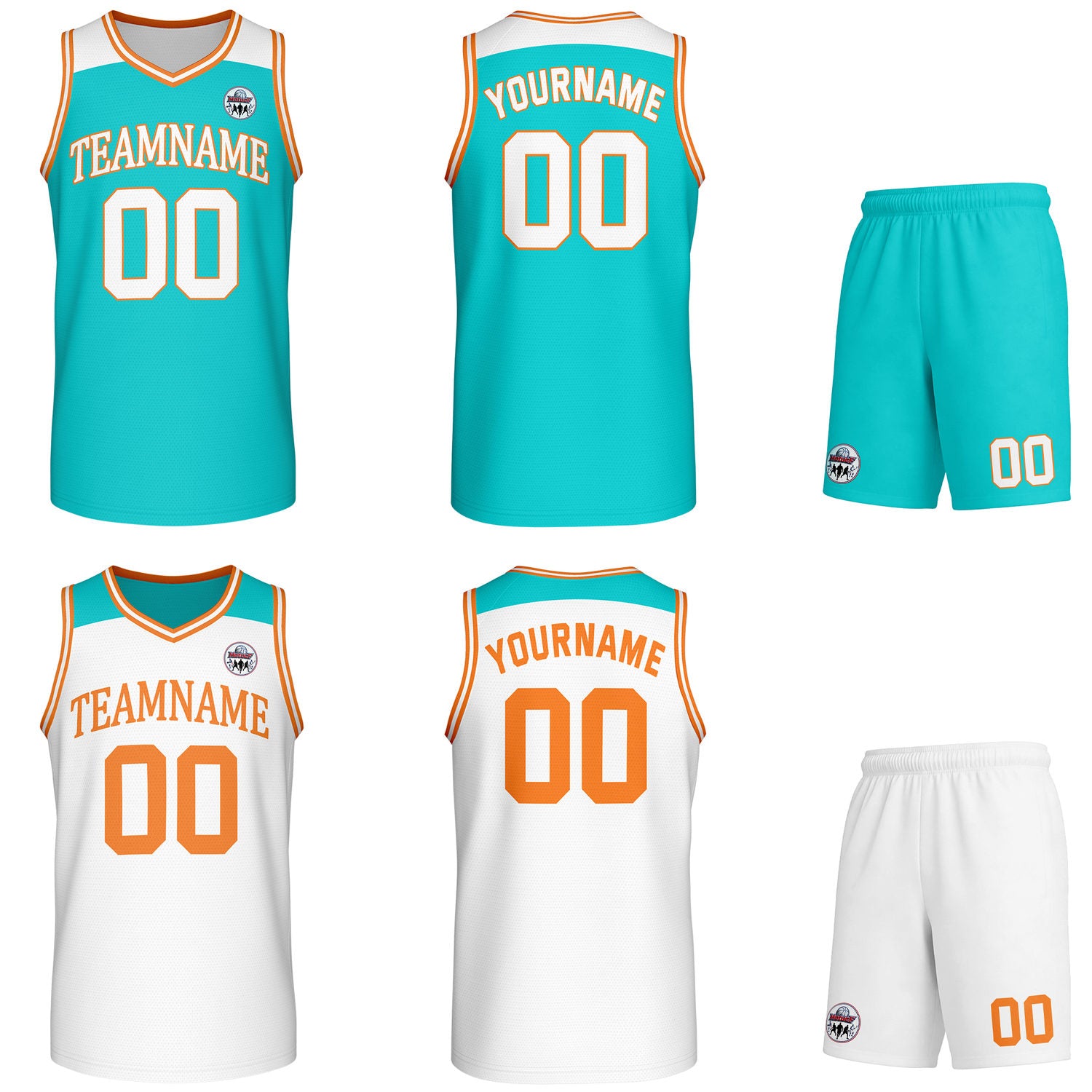 Custom reversible turquoise & white basketball uniform set, personalized with team name number and logo, breathable mesh fabric for men women youth game practice - Vosoli