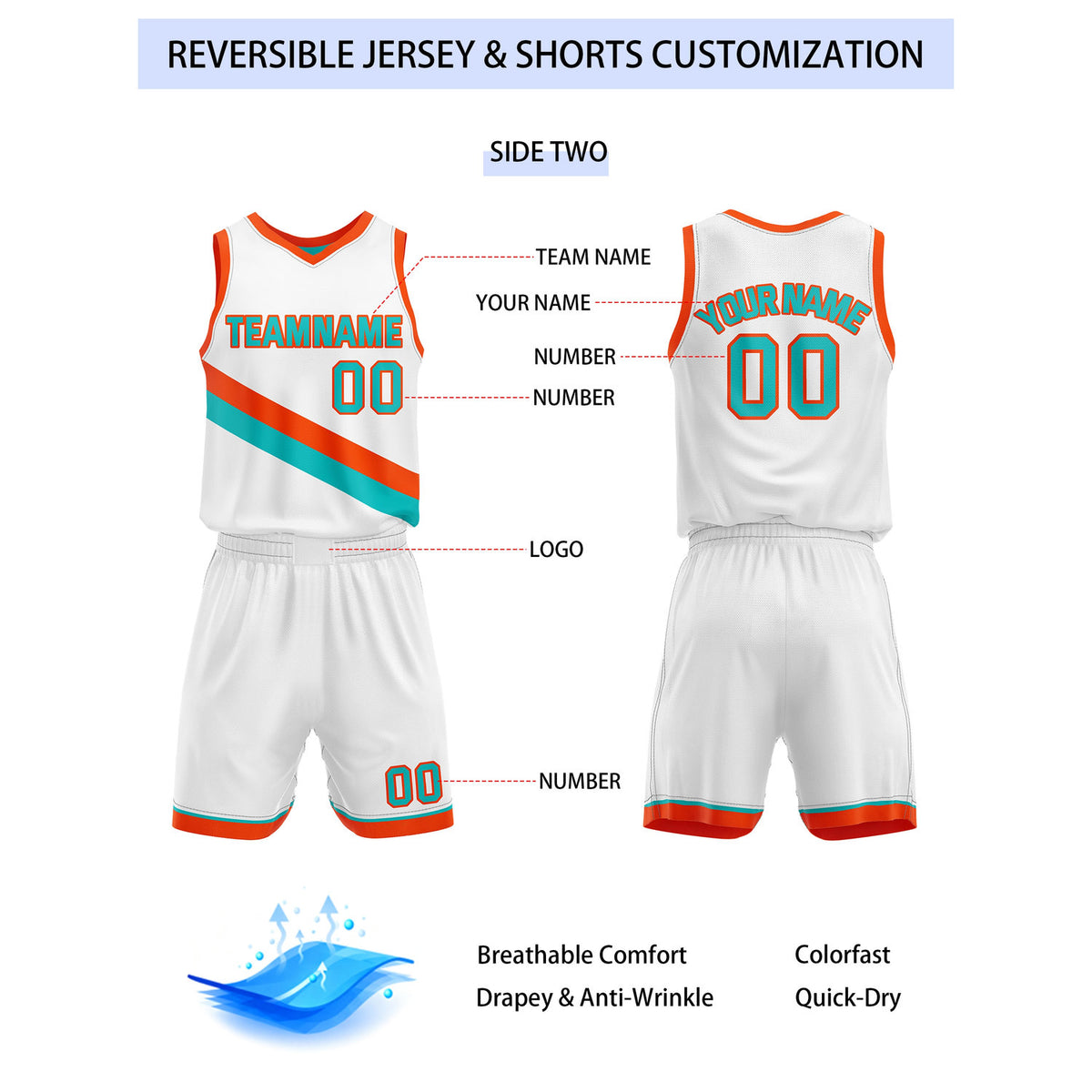 Custom Reversible Turquoise White Orange Basketball Uniform Set | Team & Player Name - Vosoli