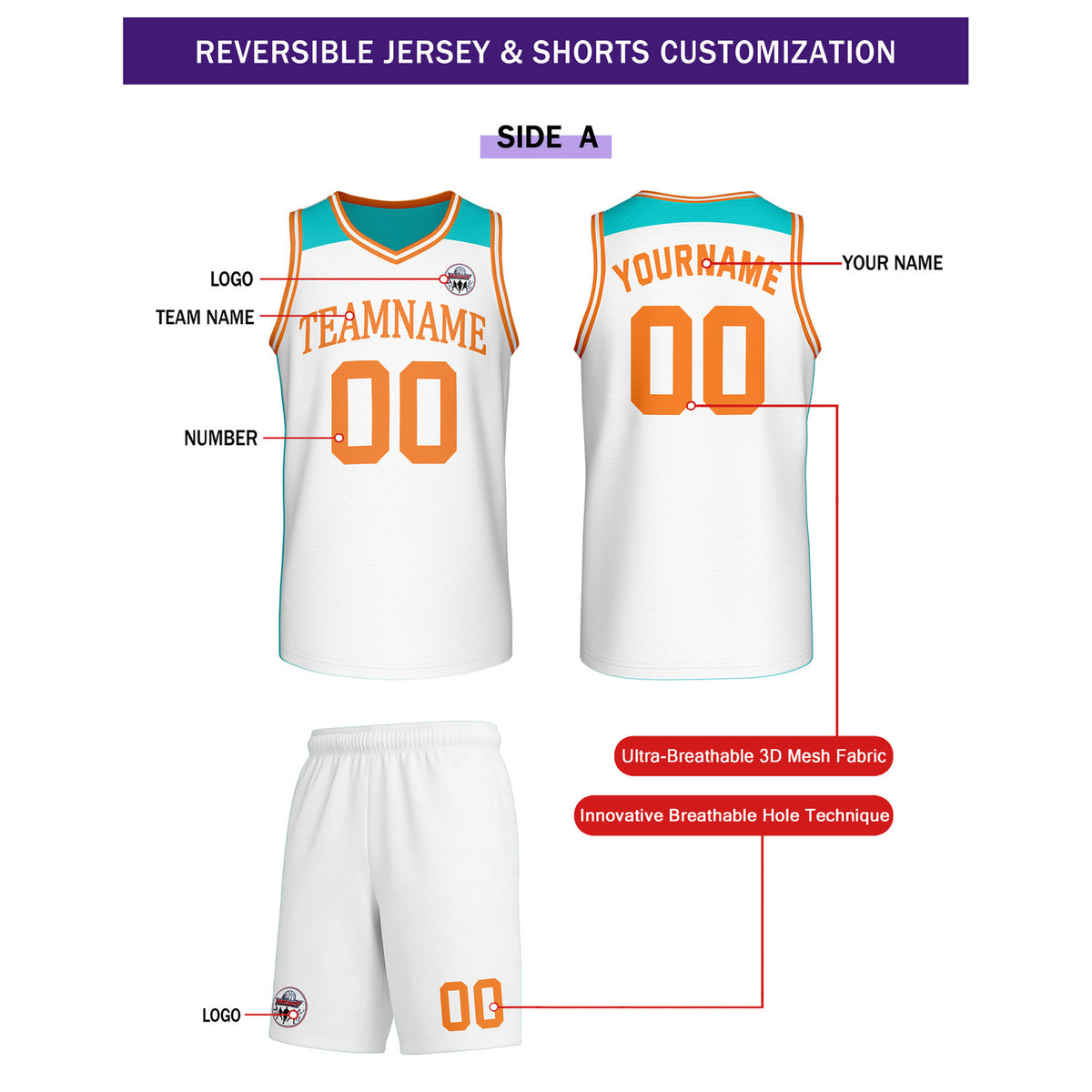 Custom Reversible Turquoise White Orange Basketball Uniform Set | Team Name & Number - Vosoli