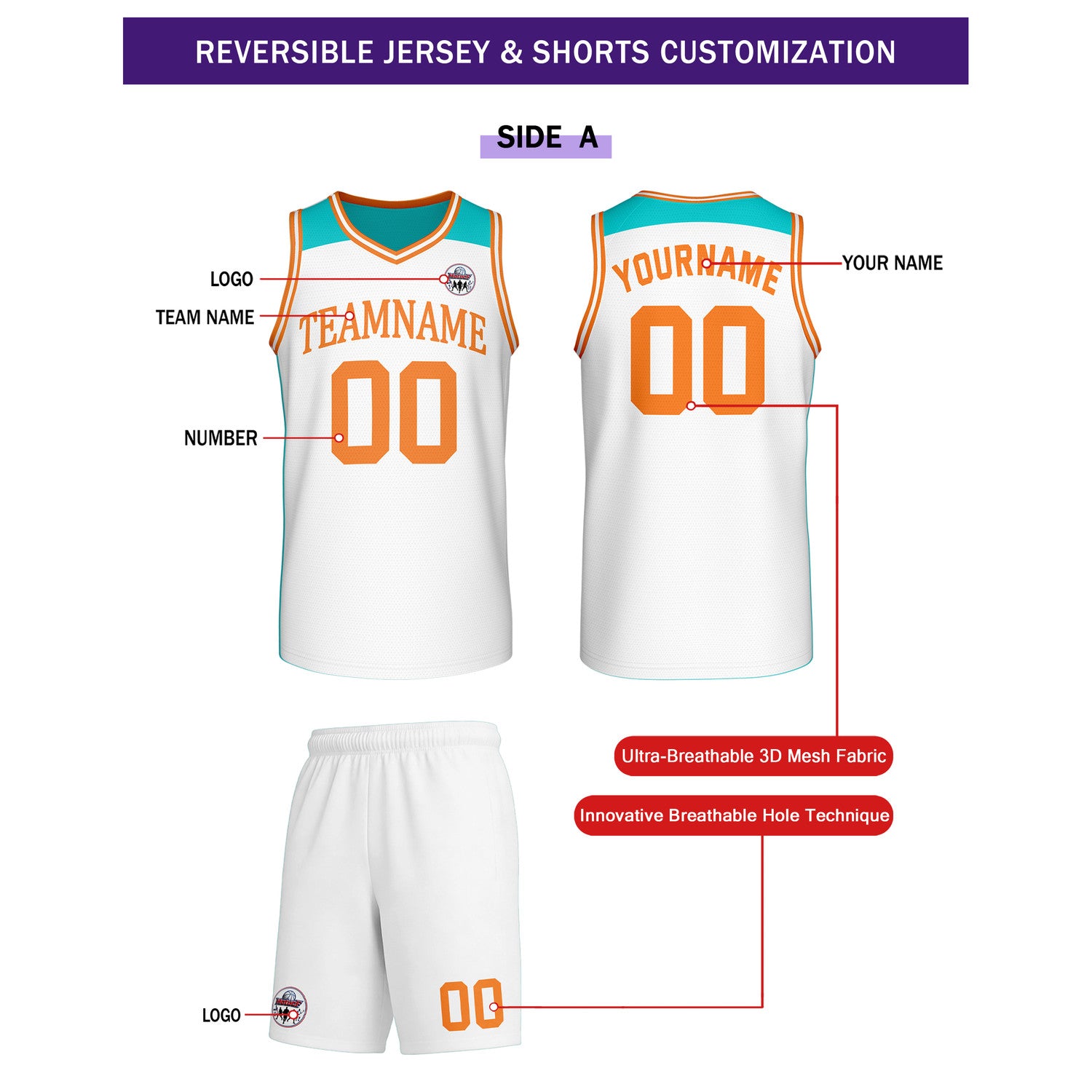 Custom Reversible Turquoise White Orange Basketball Uniform Set | Team Name & Number - Vosoli
