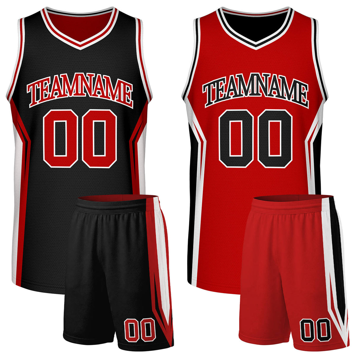 Custom reversible black red varsity basketball uniform set with team name &amp; number. Factory-direct, fast shipping.