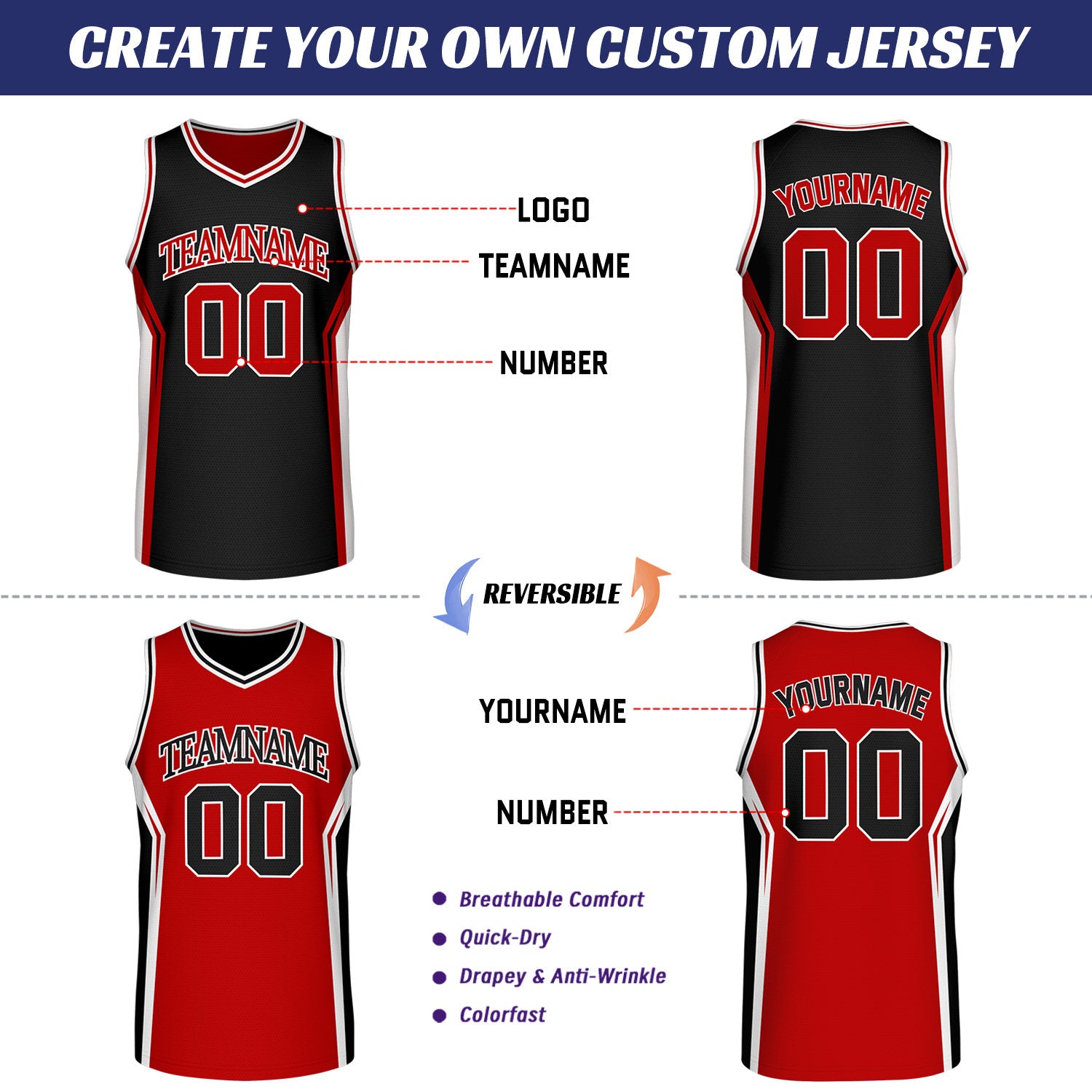Custom Black & Red Two Sided Basketball Uniform Set | Personalized Team Uniforms for Adult & Youth